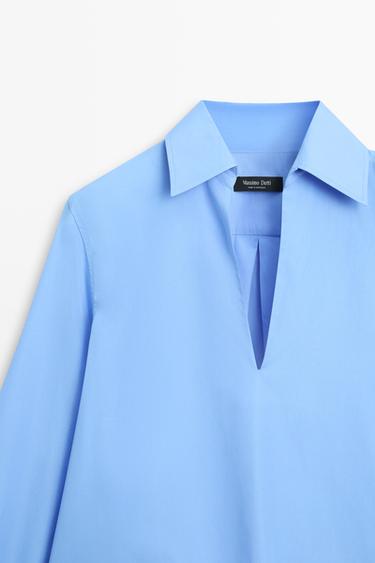 Cotton poplin blouse with V-neck — INDIGO 9