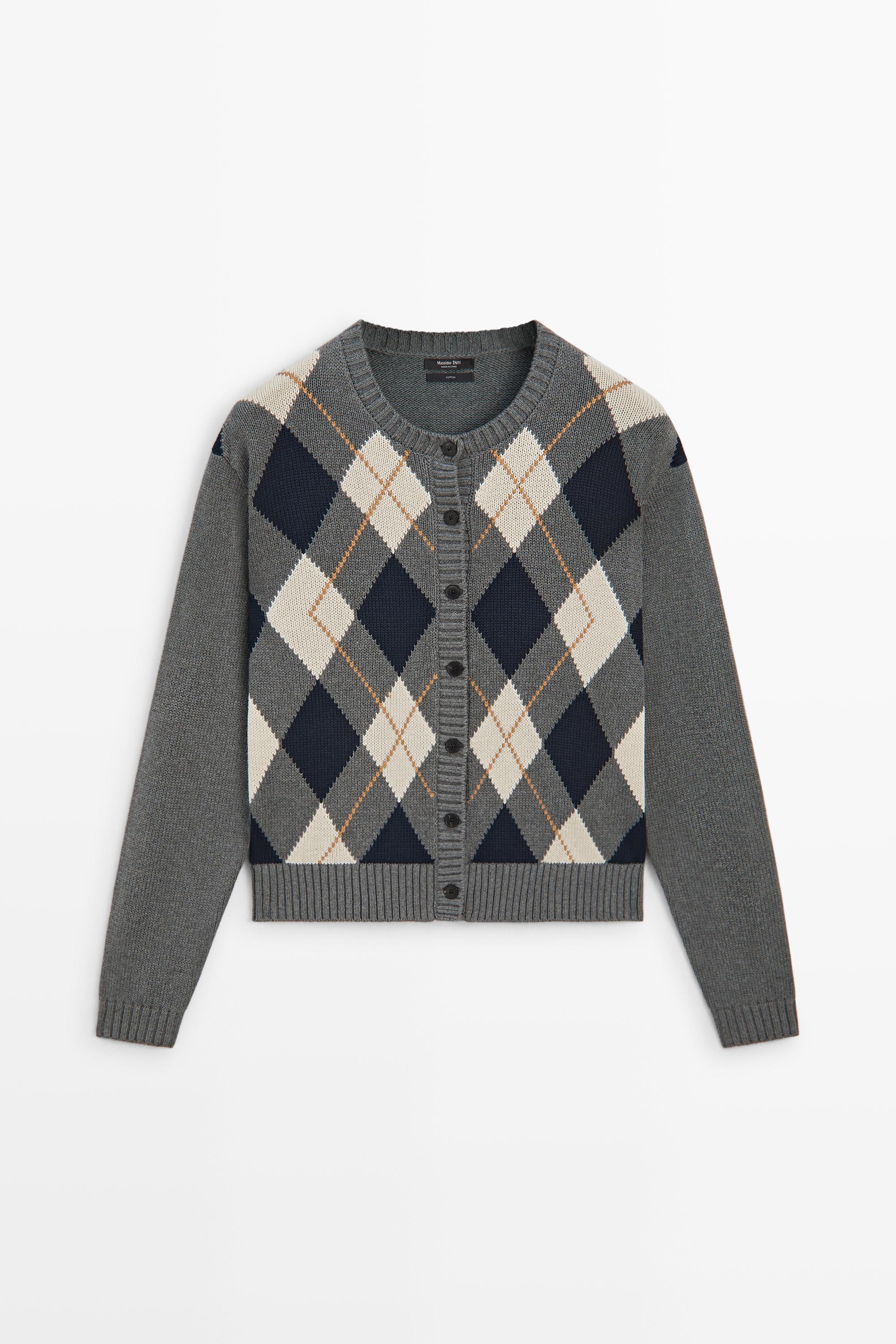 100% cotton diamond knit cardigan — GREY