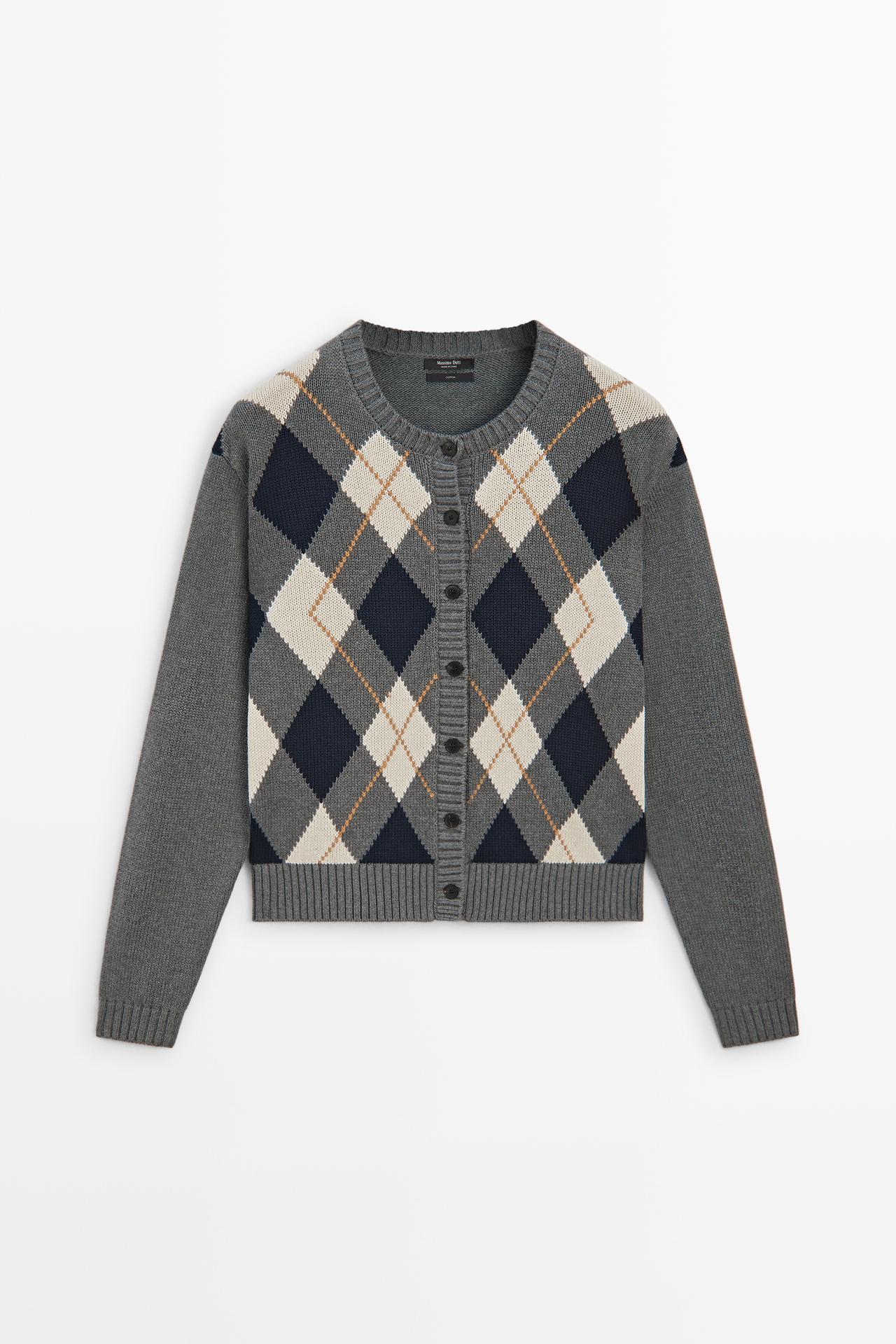 100% cotton argyle knit cardigan — GREY