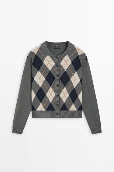 100% cotton argyle knit cardigan — GREY 2