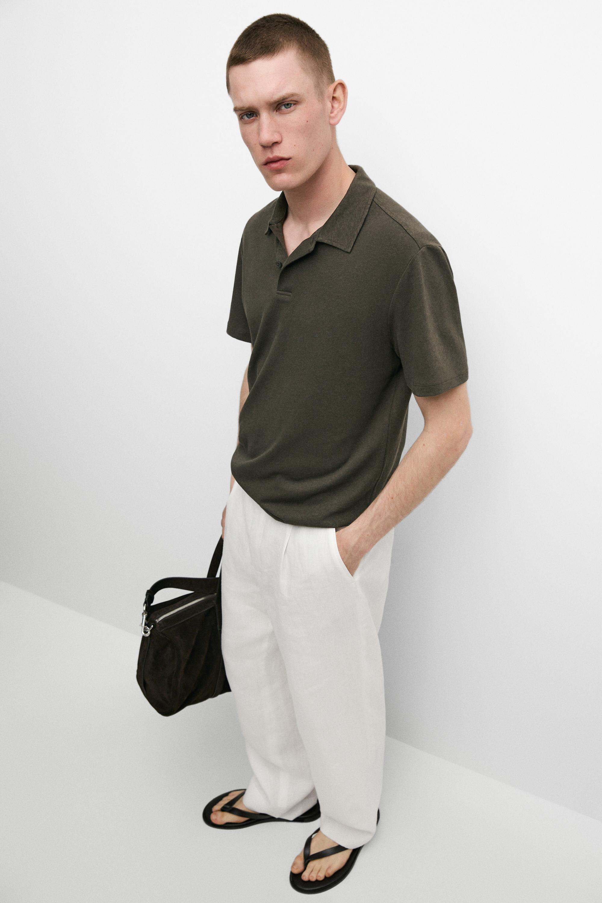 Linen and cotton short sleeve polo shirt — KHAKI