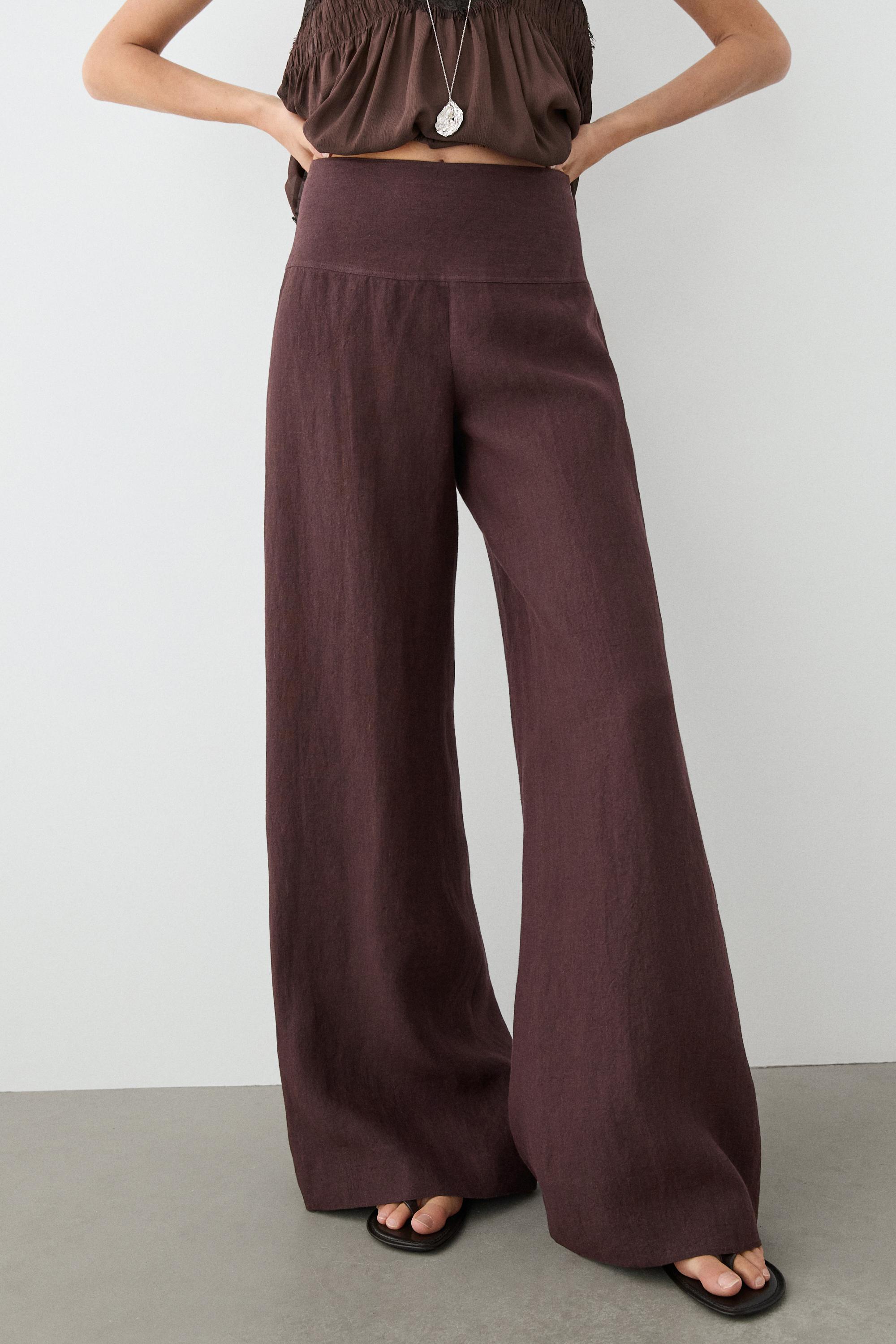 100% linen mid-waist flared pants — MAROON