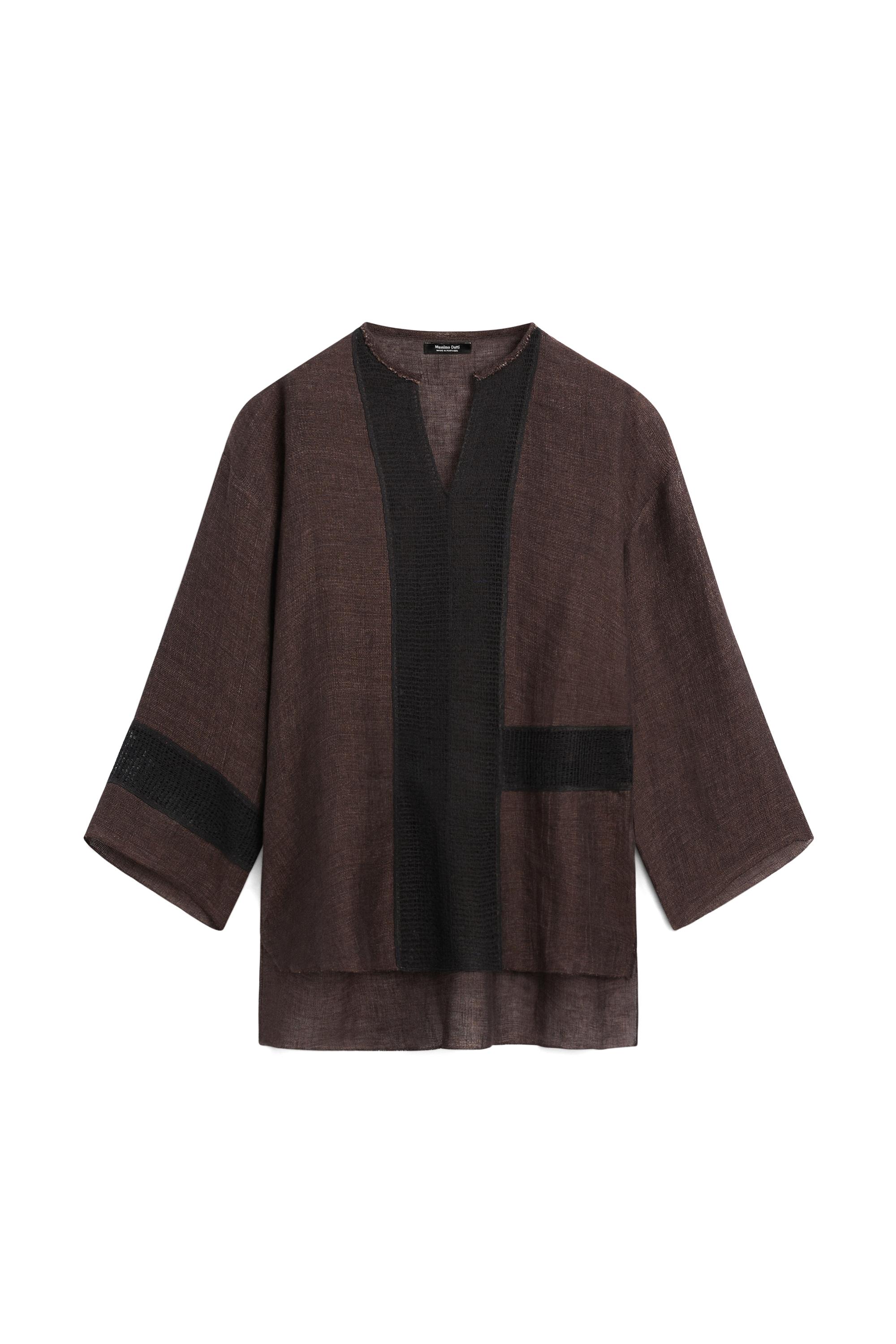 Flowing oversize linen blend blouse with lace trim — BROWN MARL