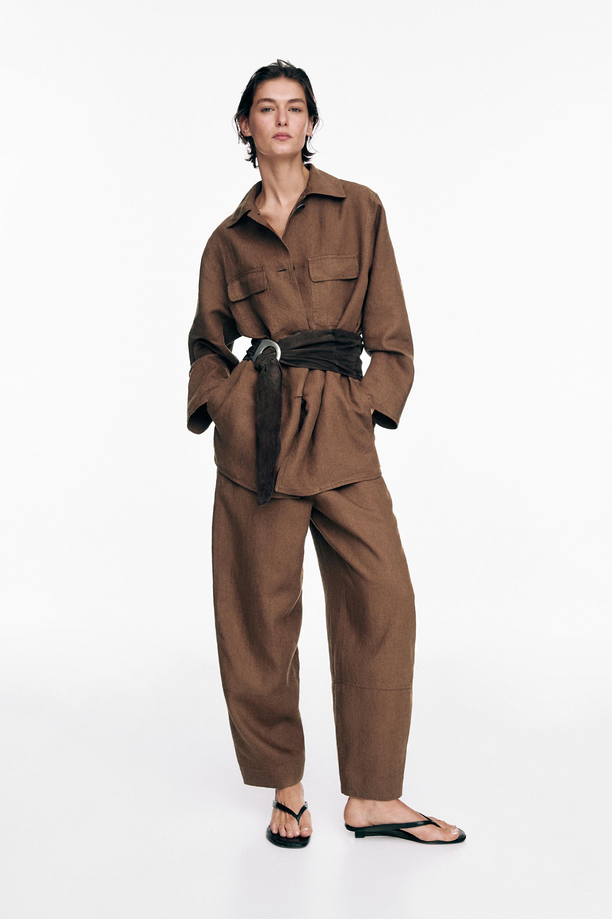 100% linen blazer with pockets and belt detail — BROWN