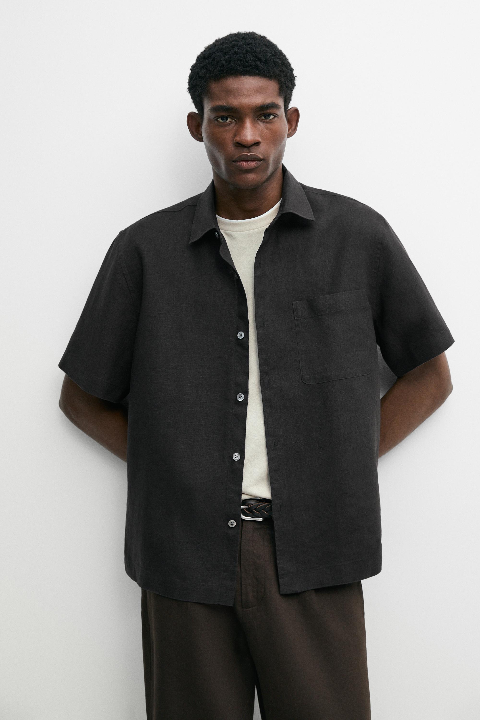 100% linen regular fit short sleeve shirt — BLACK