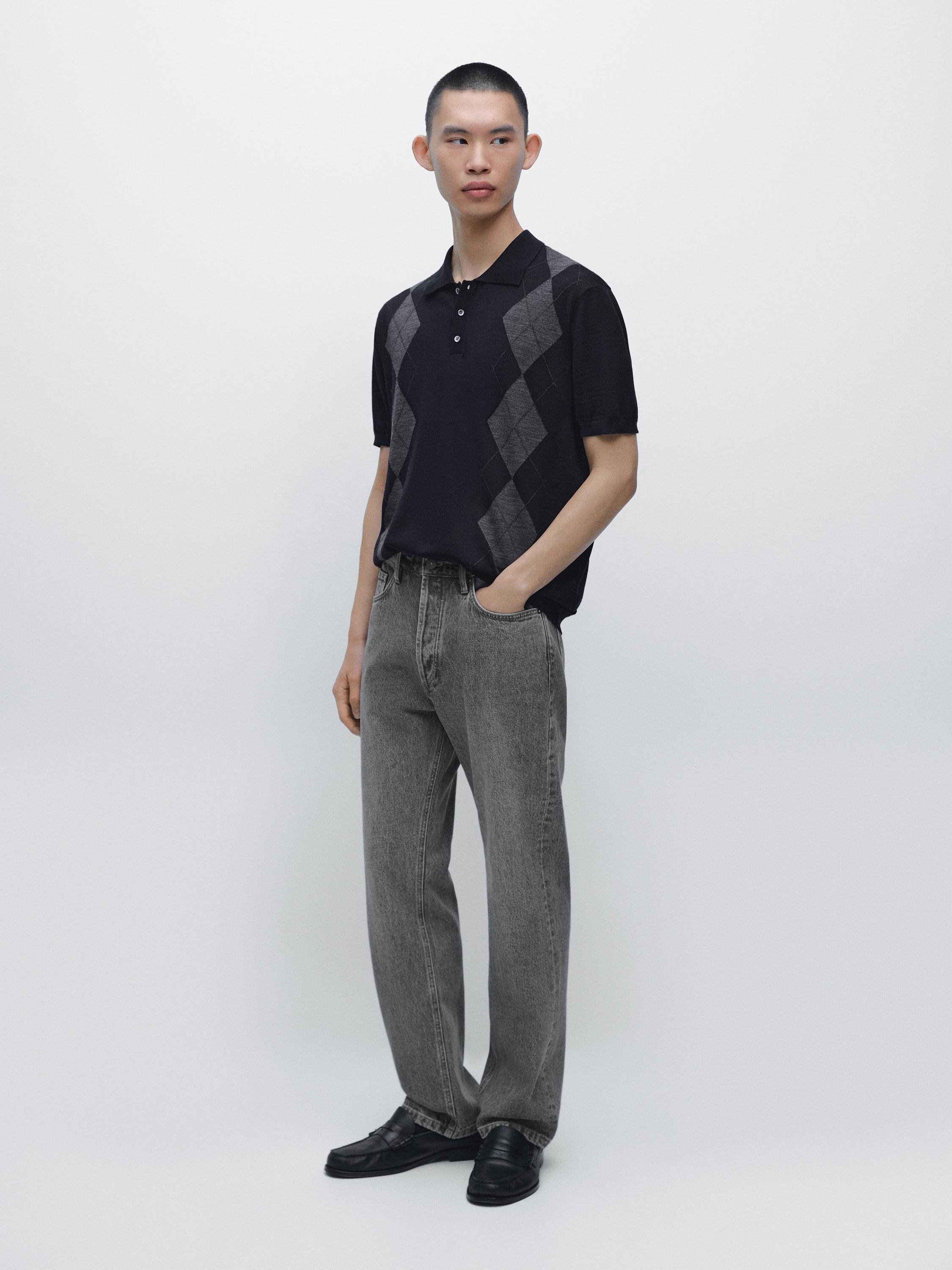 Merino wool blend argyle knit polo sweater — NAVY BLUE