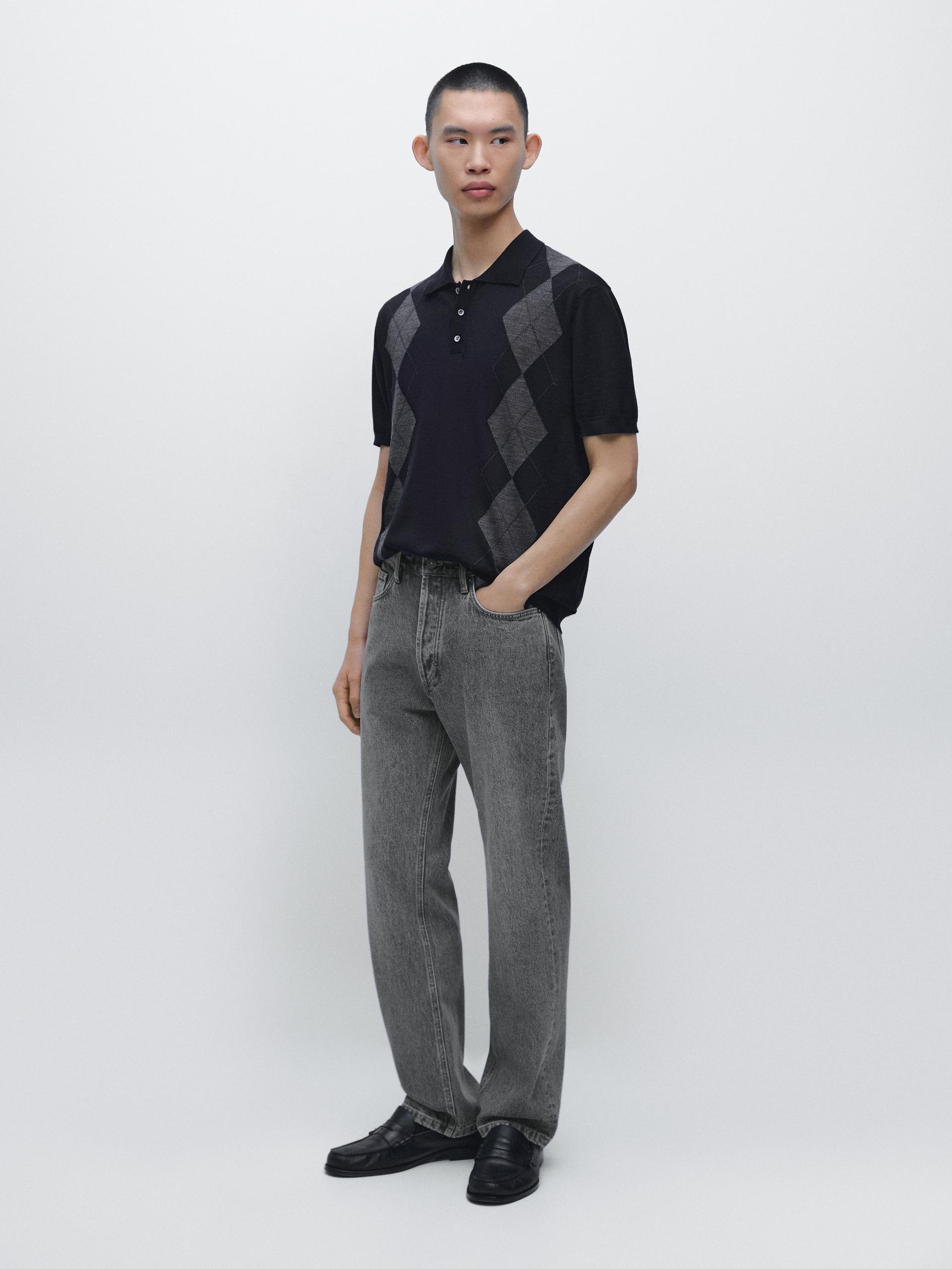 Merino Wool Blend Diamond Knit Polo Jumper - Blu Marino - Xl - Massimo Dutti - Maschile