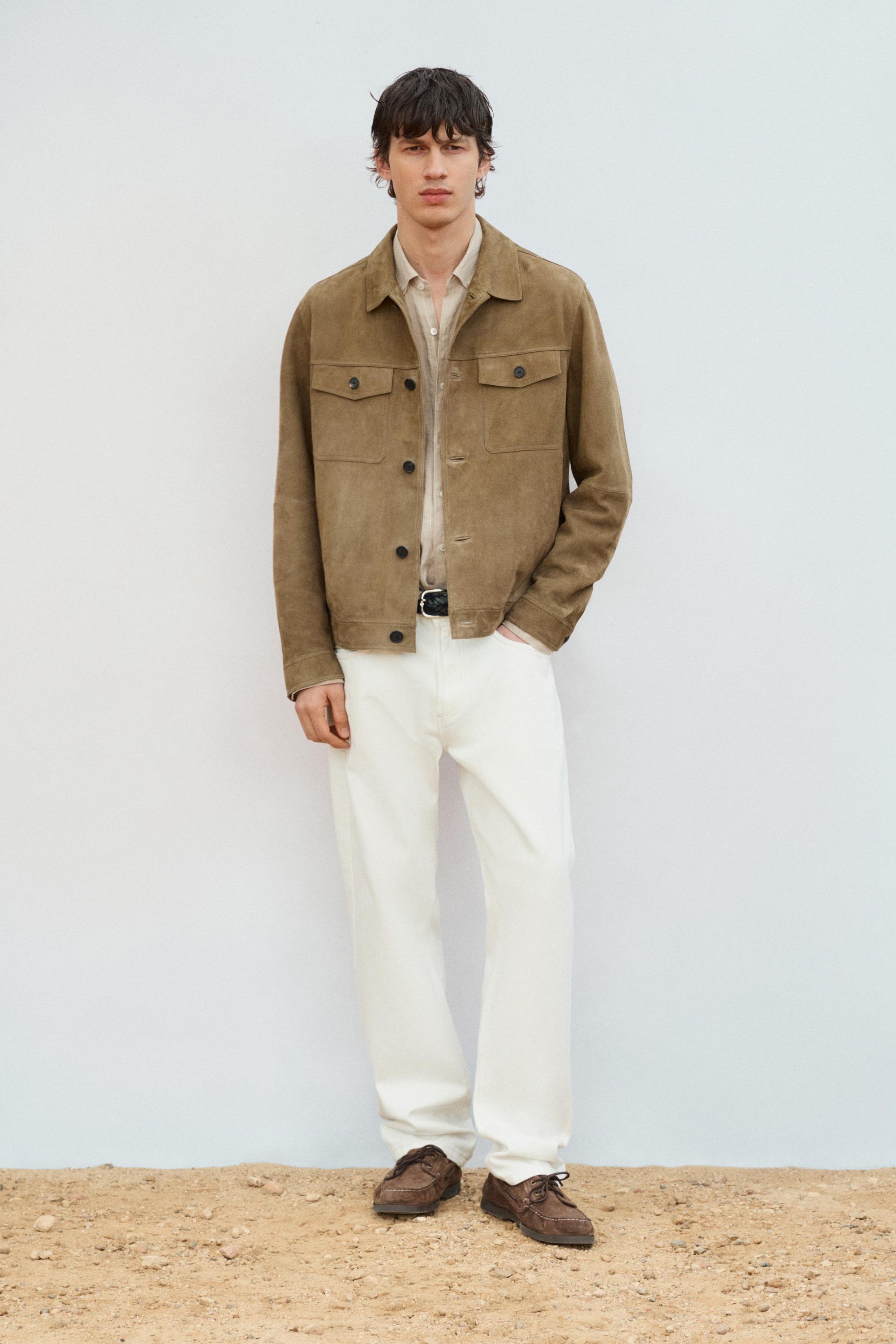 Distressed effect leather jacket with pockets — PALE GREEN