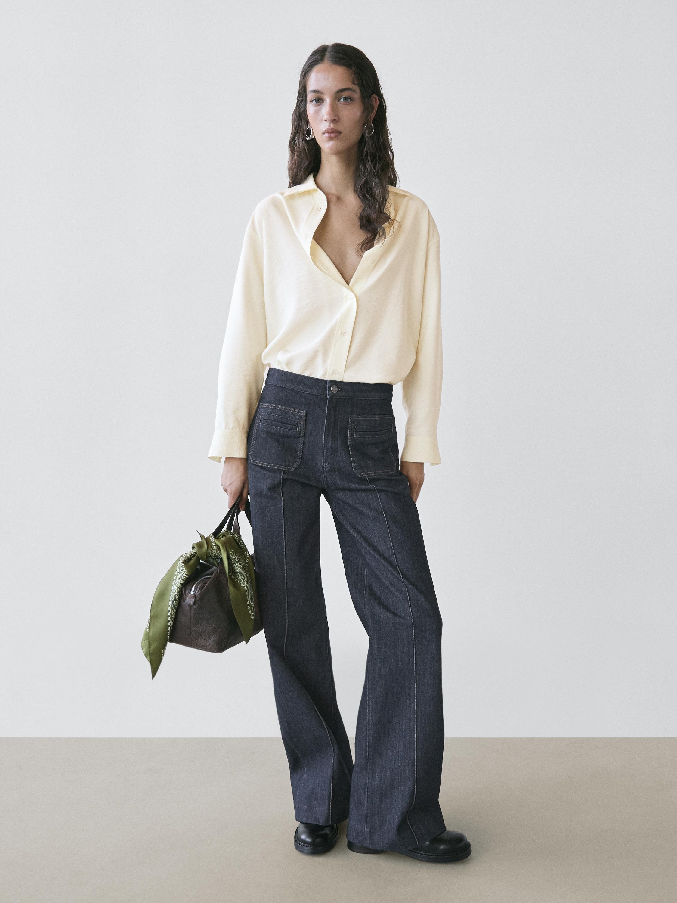 Flare fit high-waist jeans with pockets — DARK BLUE