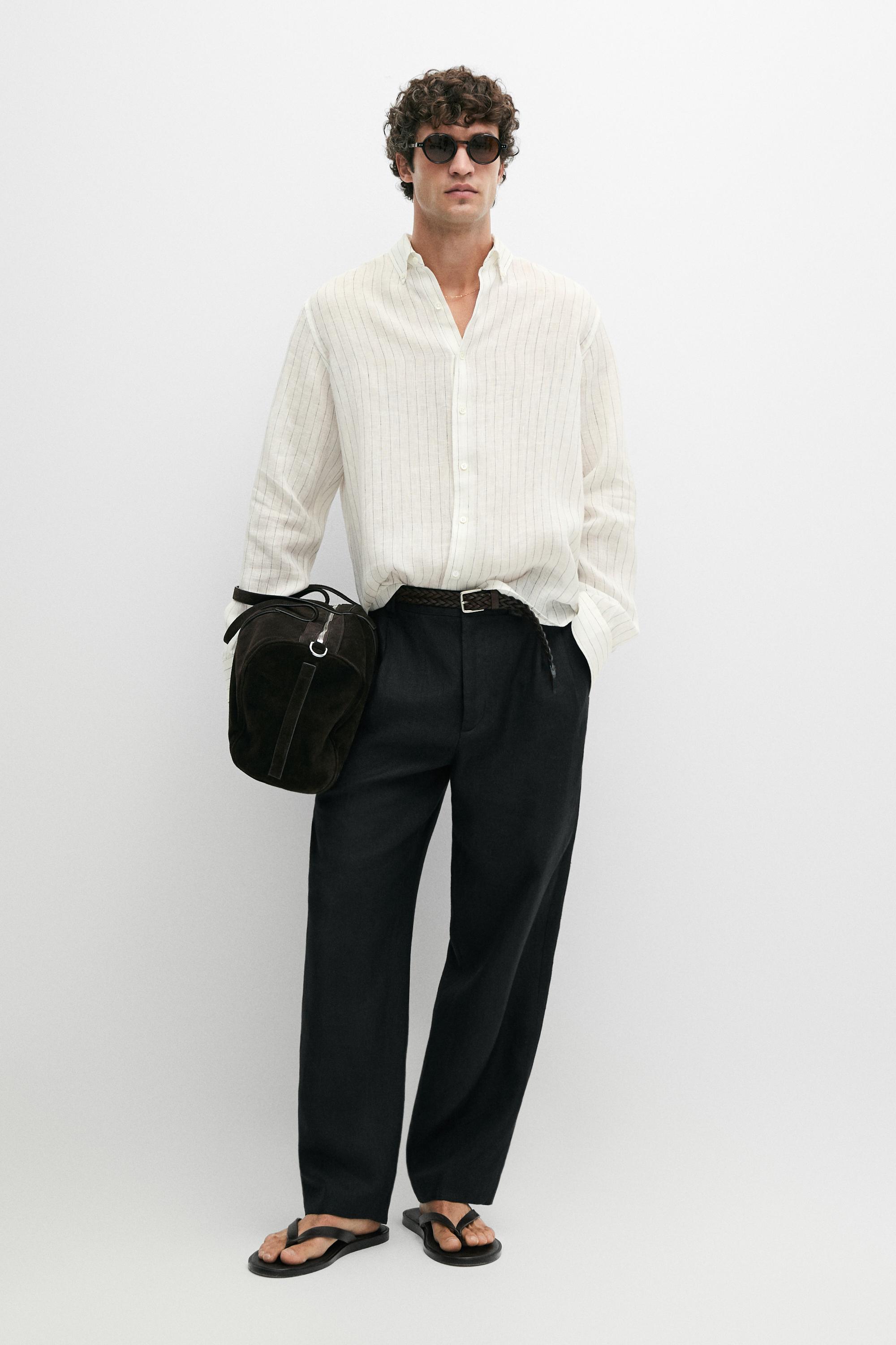 100% linen regular fit striped shirt — CREAM