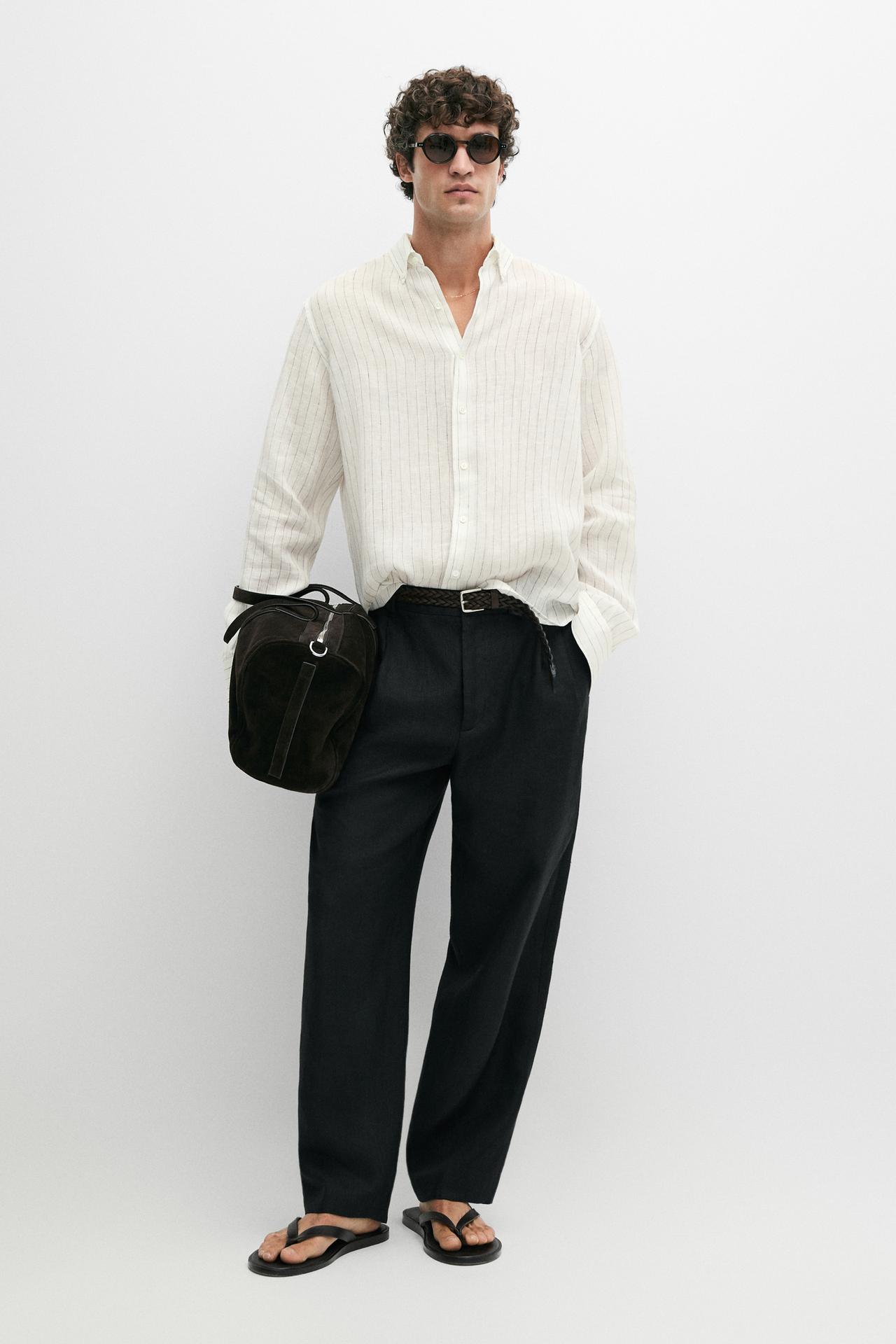 100% linen regular fit striped shirt — CREAM