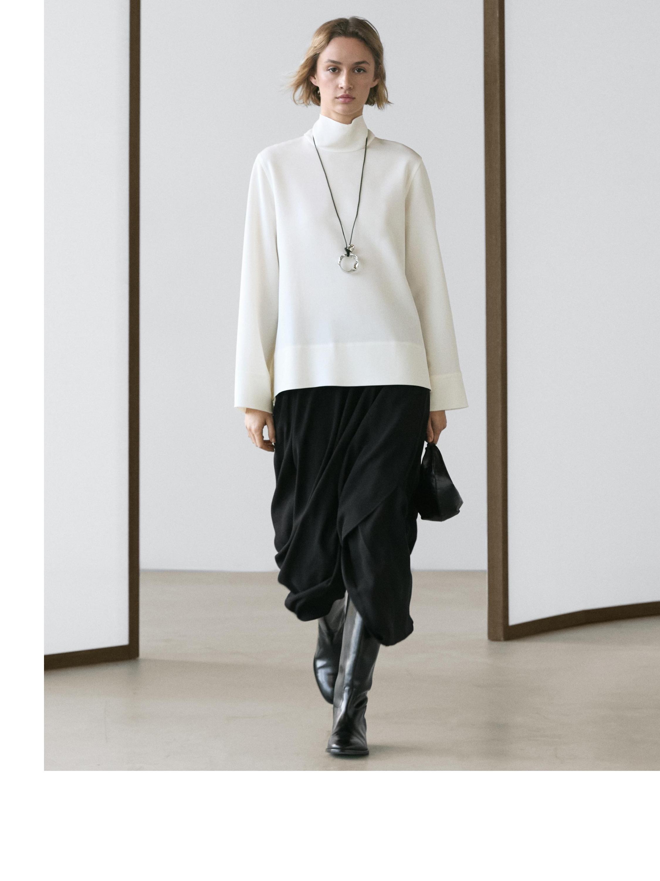 High neck blouse with hem detail — WHITE