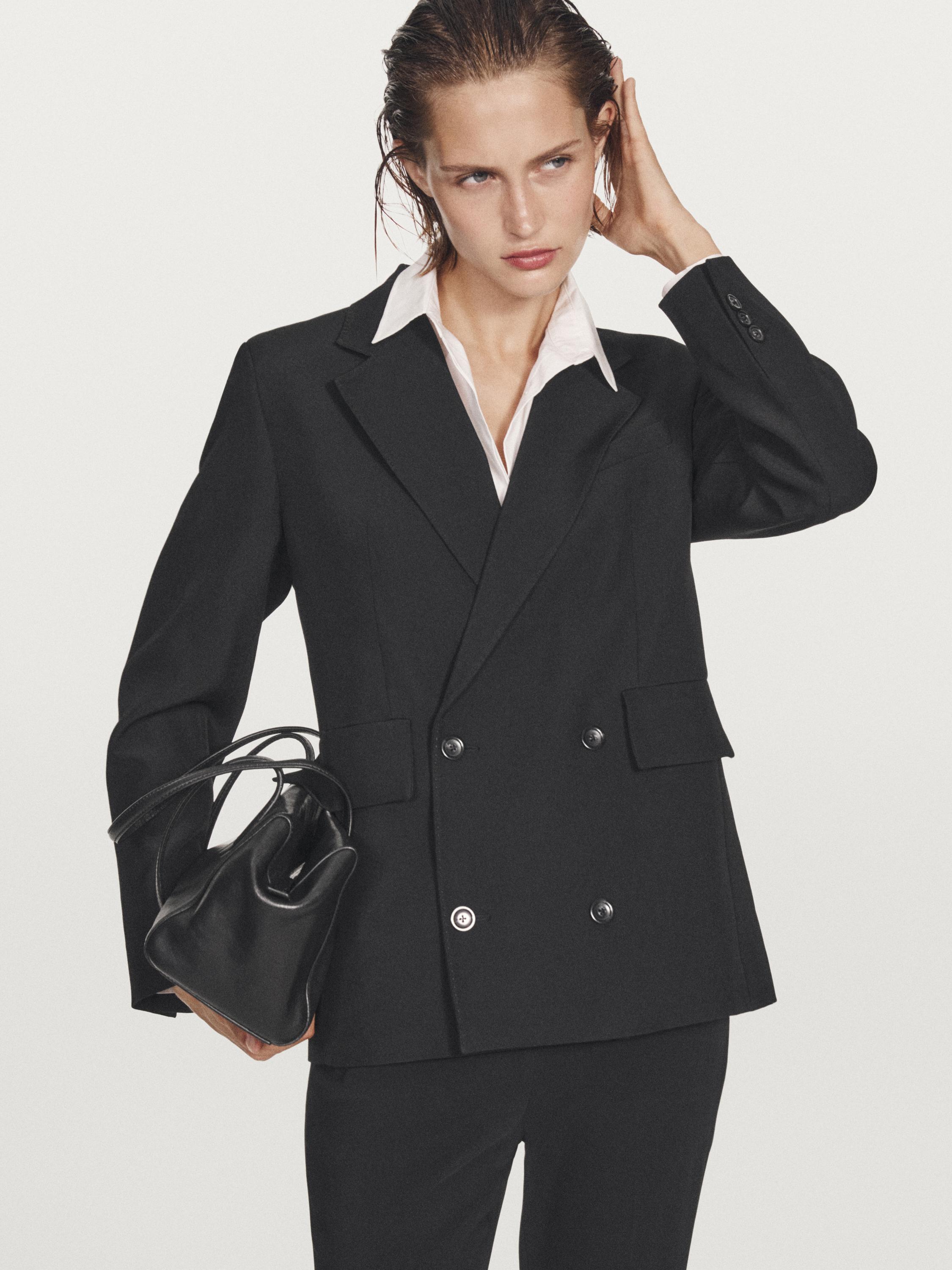 Cropped wool blend double-breasted blazer