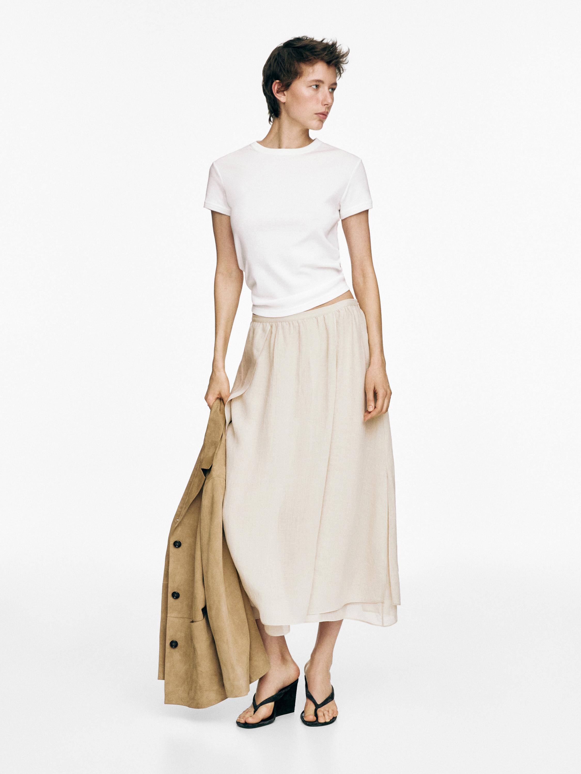 Flowing ramie blend midi skirt — CREAM