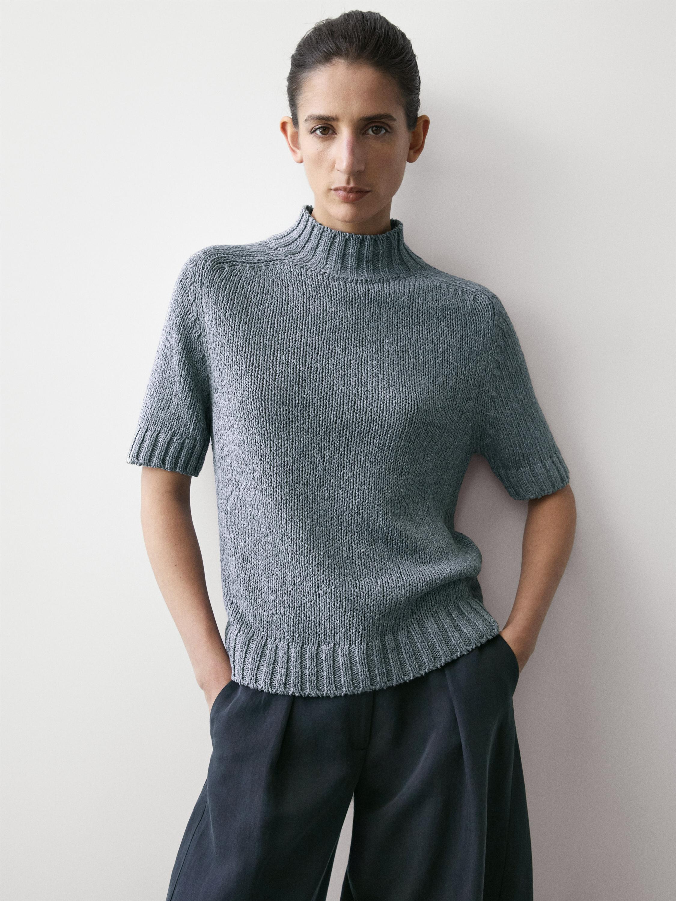 Cotton blend knit sweater with mock turtleneck