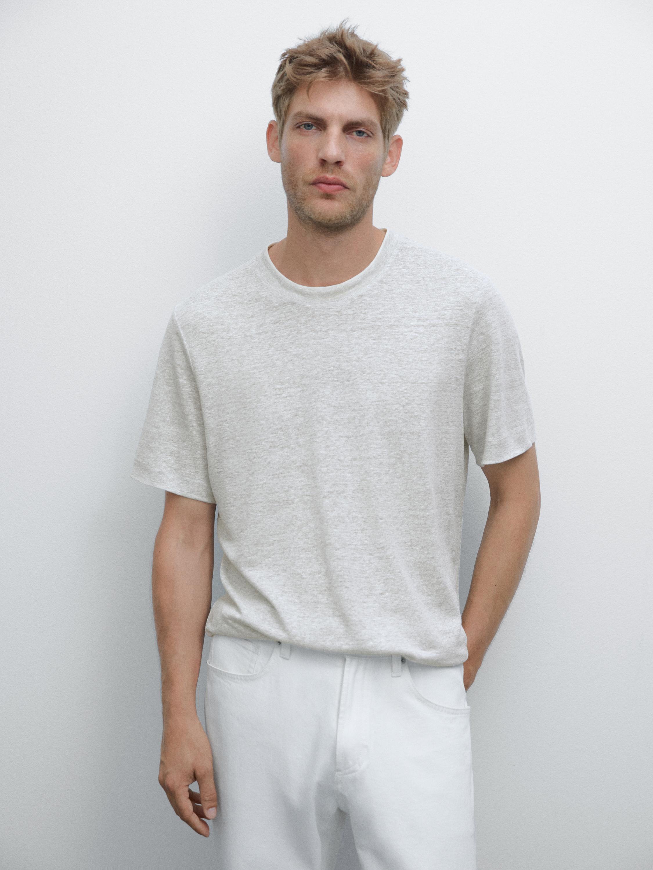Linen blend contrast knit T-shirt