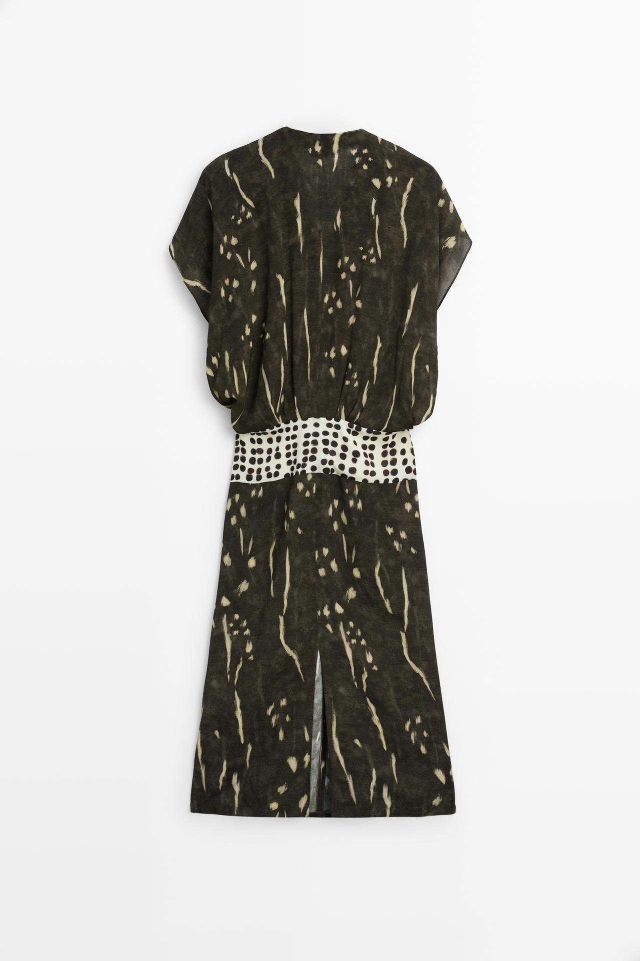 Printed midi dress with sash detail — KHAKI