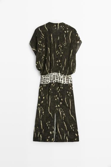 Printed midi dress with sash detail — KHAKI 6