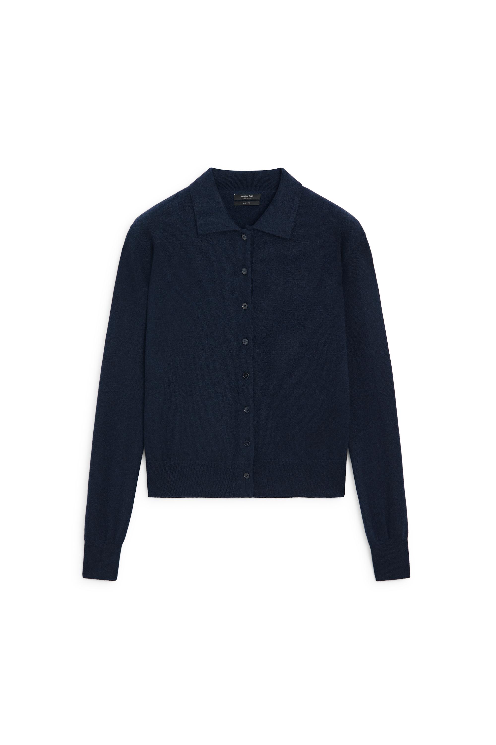 100% cashmere knit polo collar cardigan — NAVY BLUE