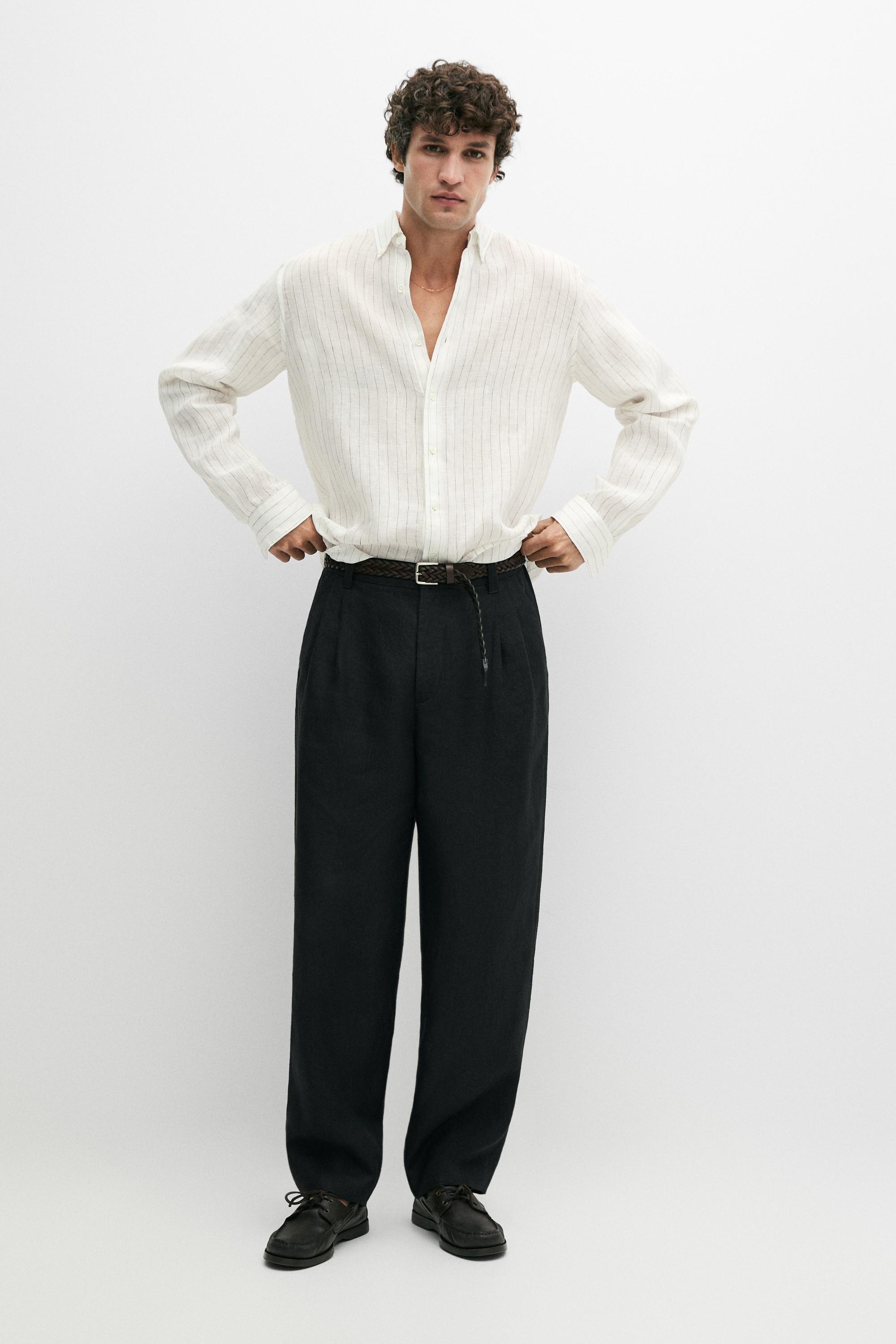 100% linen trousers with double darts — BLACK