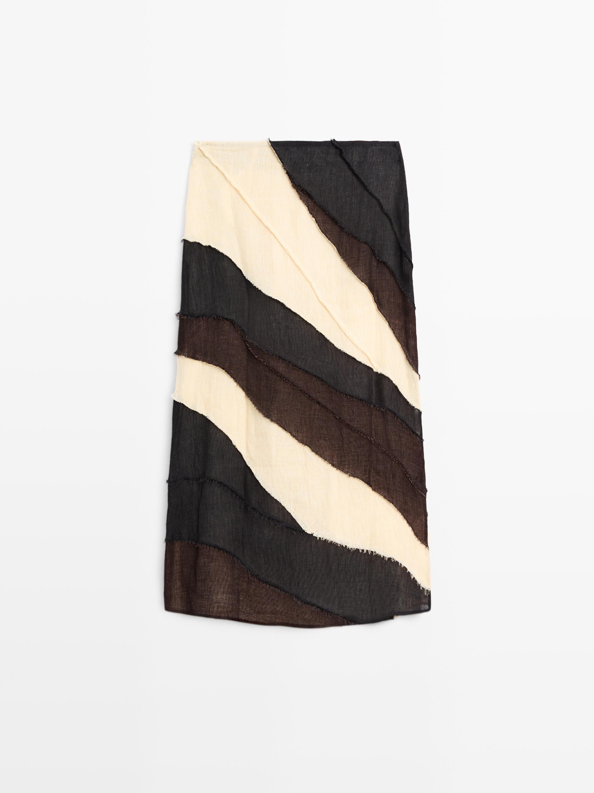 Layered contrast linen midi skirt — BROWN