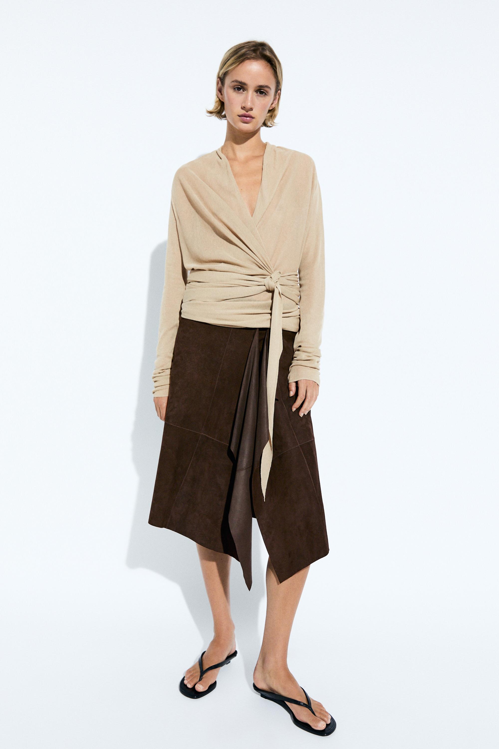 Suede leather midi skirt with ruffle detail — BROWN