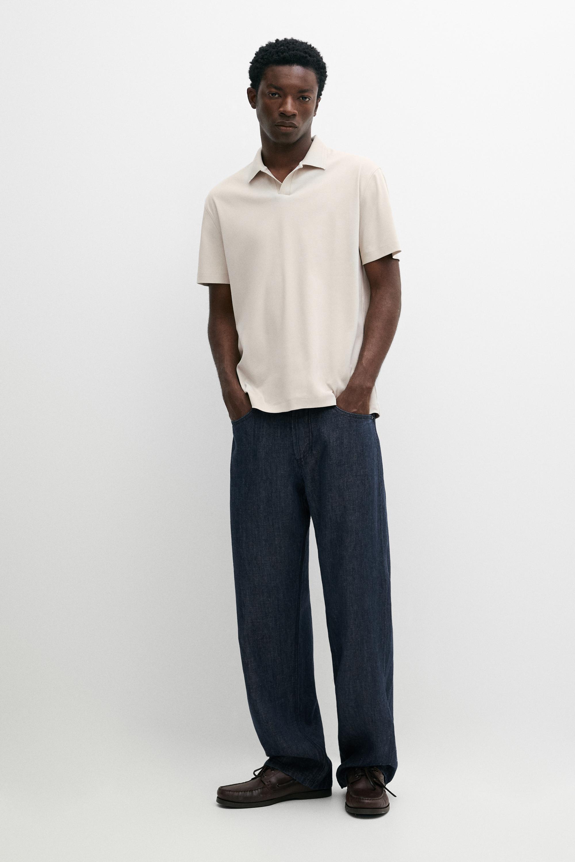 100% cotton V-neck knit polo — STONE