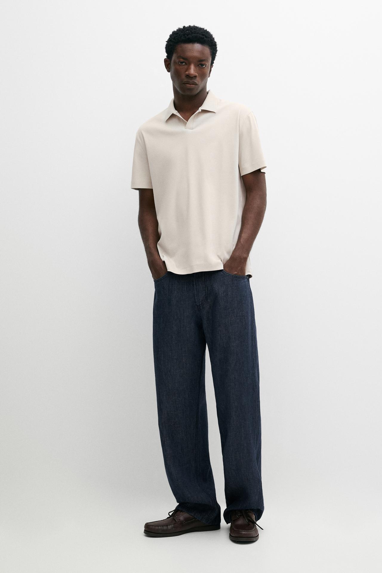 100% cotton V-neck knit polo — STONE