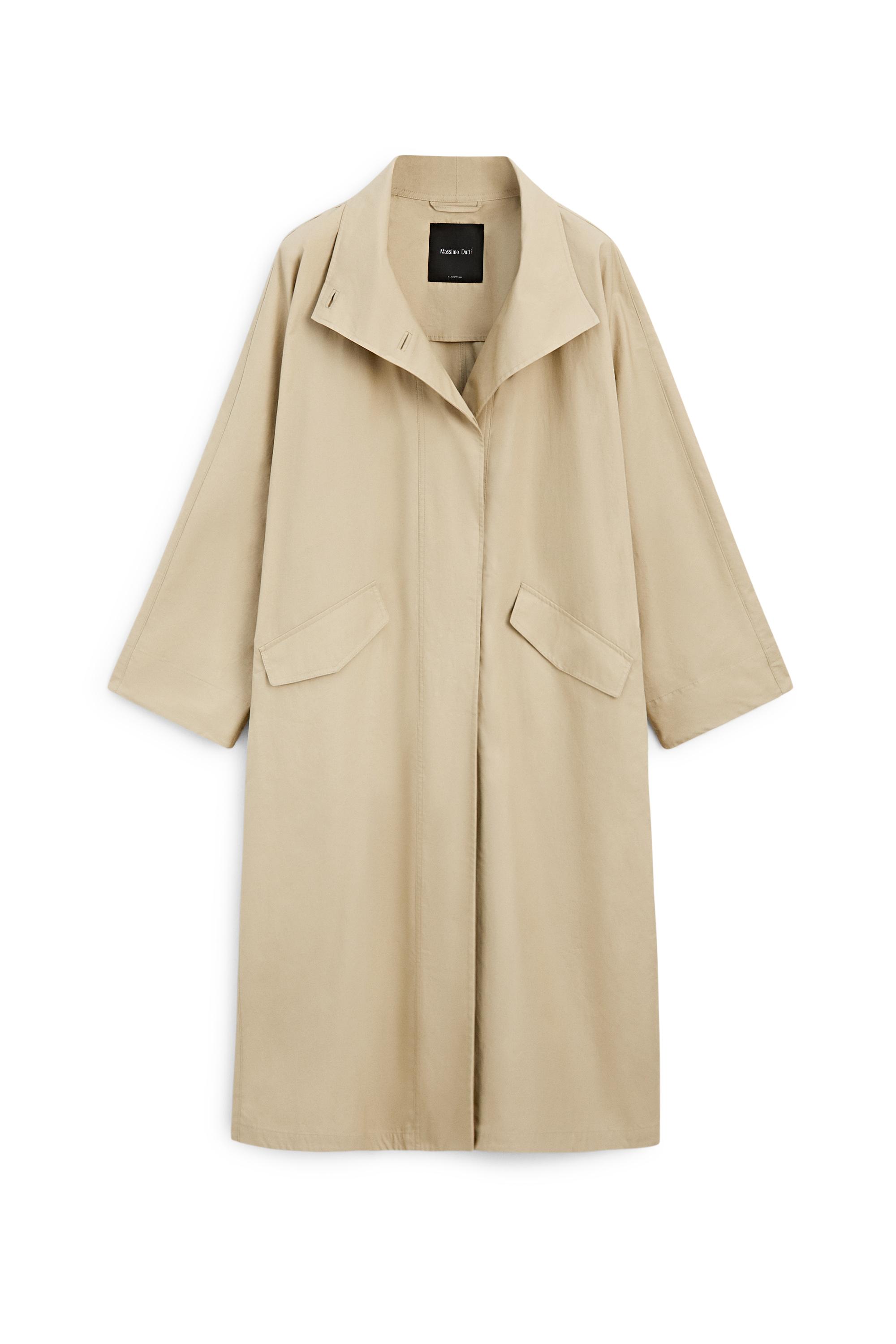 100% Cotton High-Neck Trench Coat — Light Beige