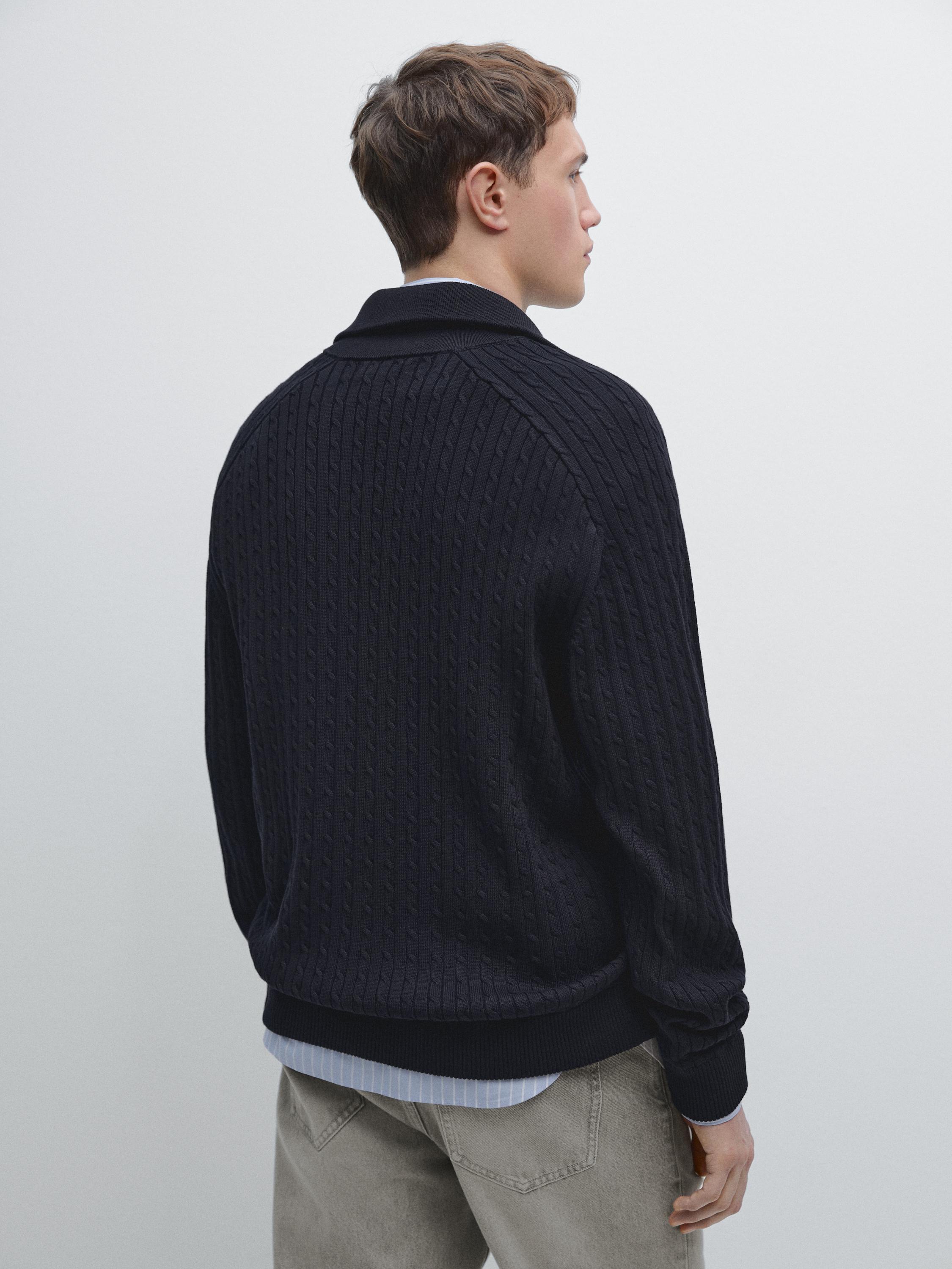 Cotton cable-knit cardigan with zip — NAVY BLUE