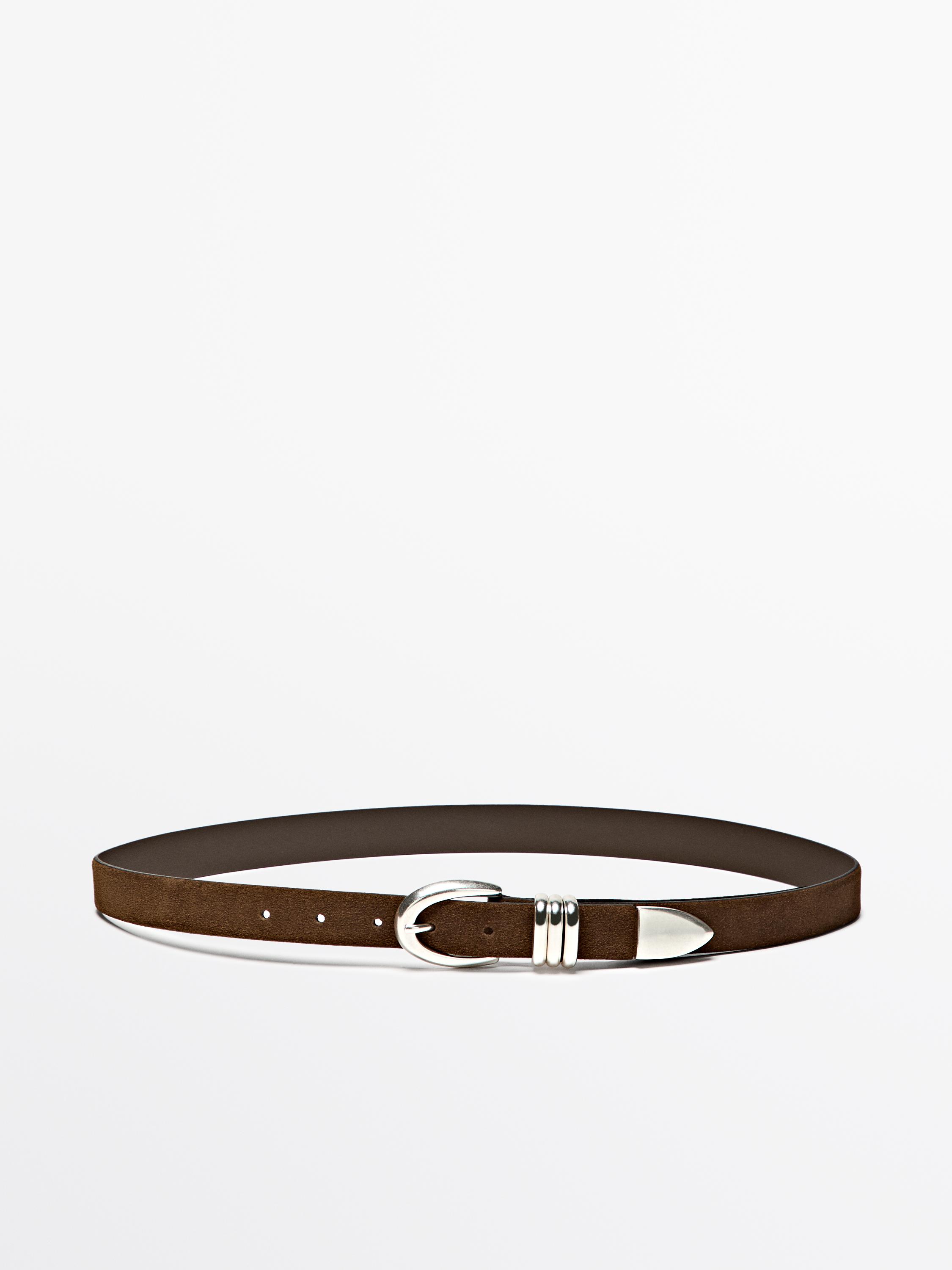 Split suede leather belt with metal detail — MOLE BROWN