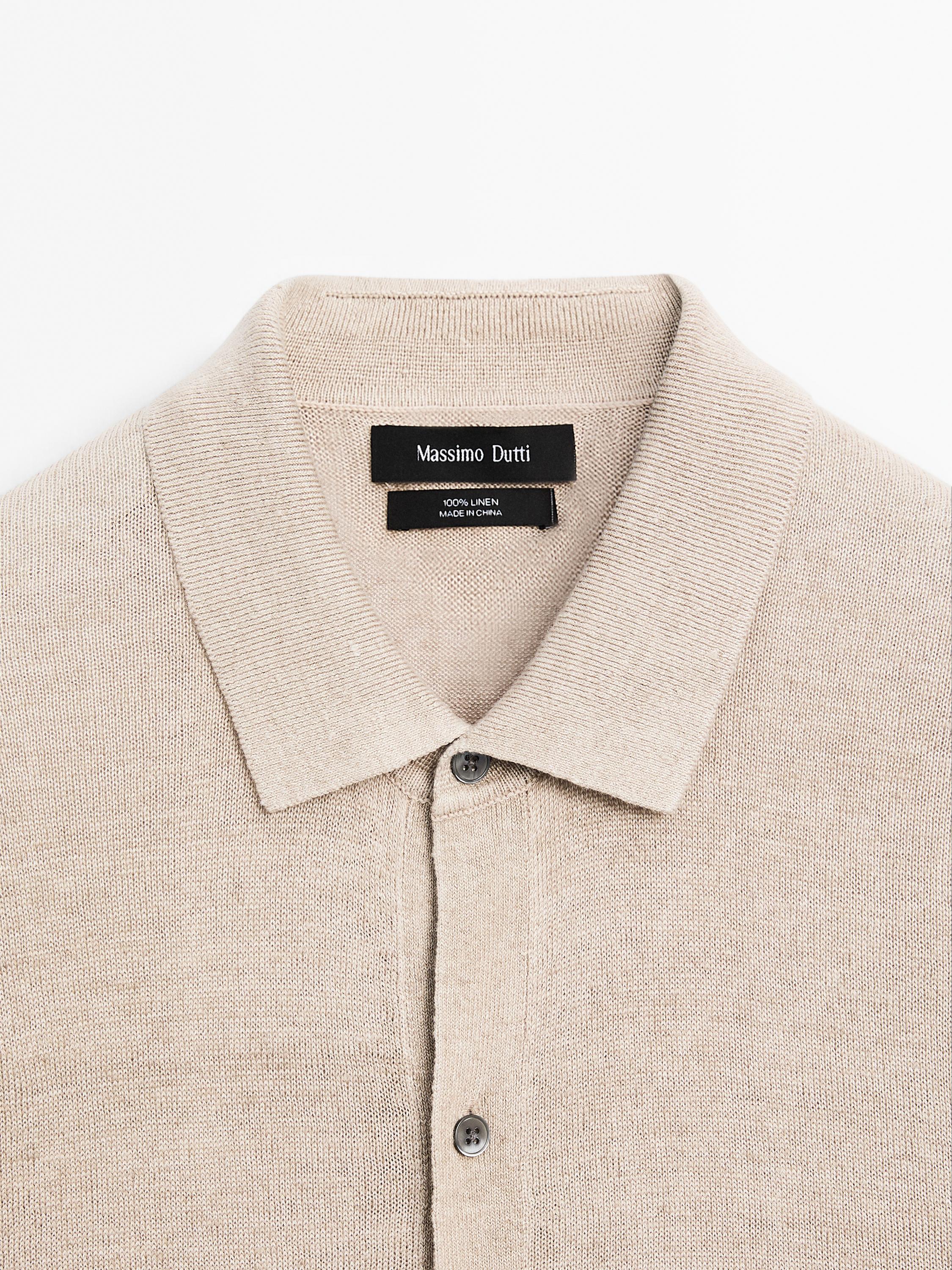 100% linen knit cardigan with polo collar