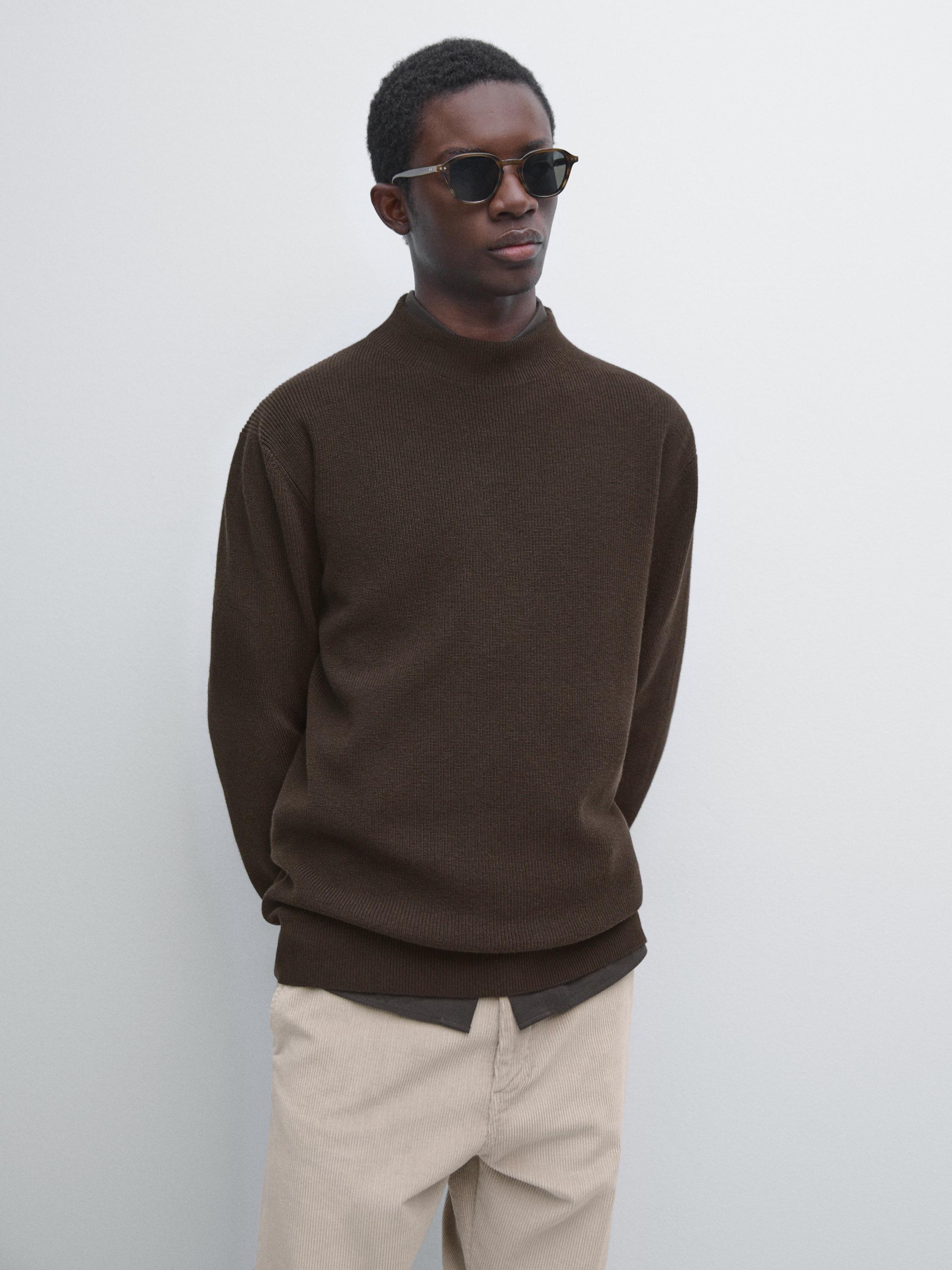 Cotton blend knit sweater with mock turtleneck — BROWN MARL