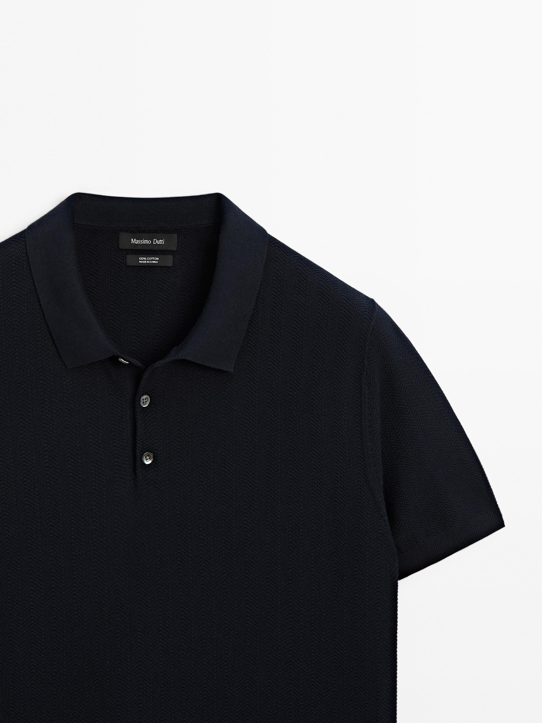 Cotton herringbone knit polo sweater