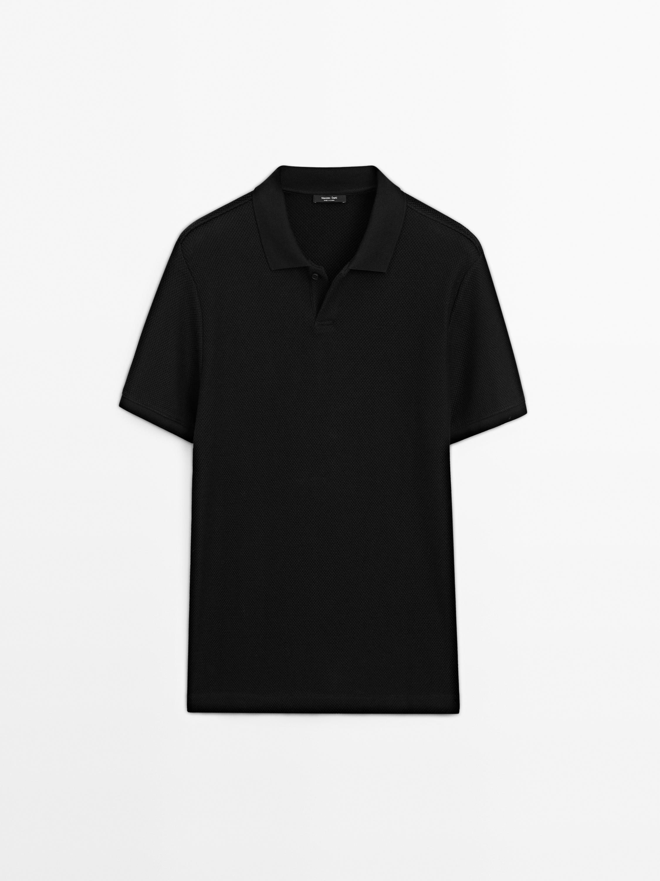 Textured V-neck cotton polo shirt