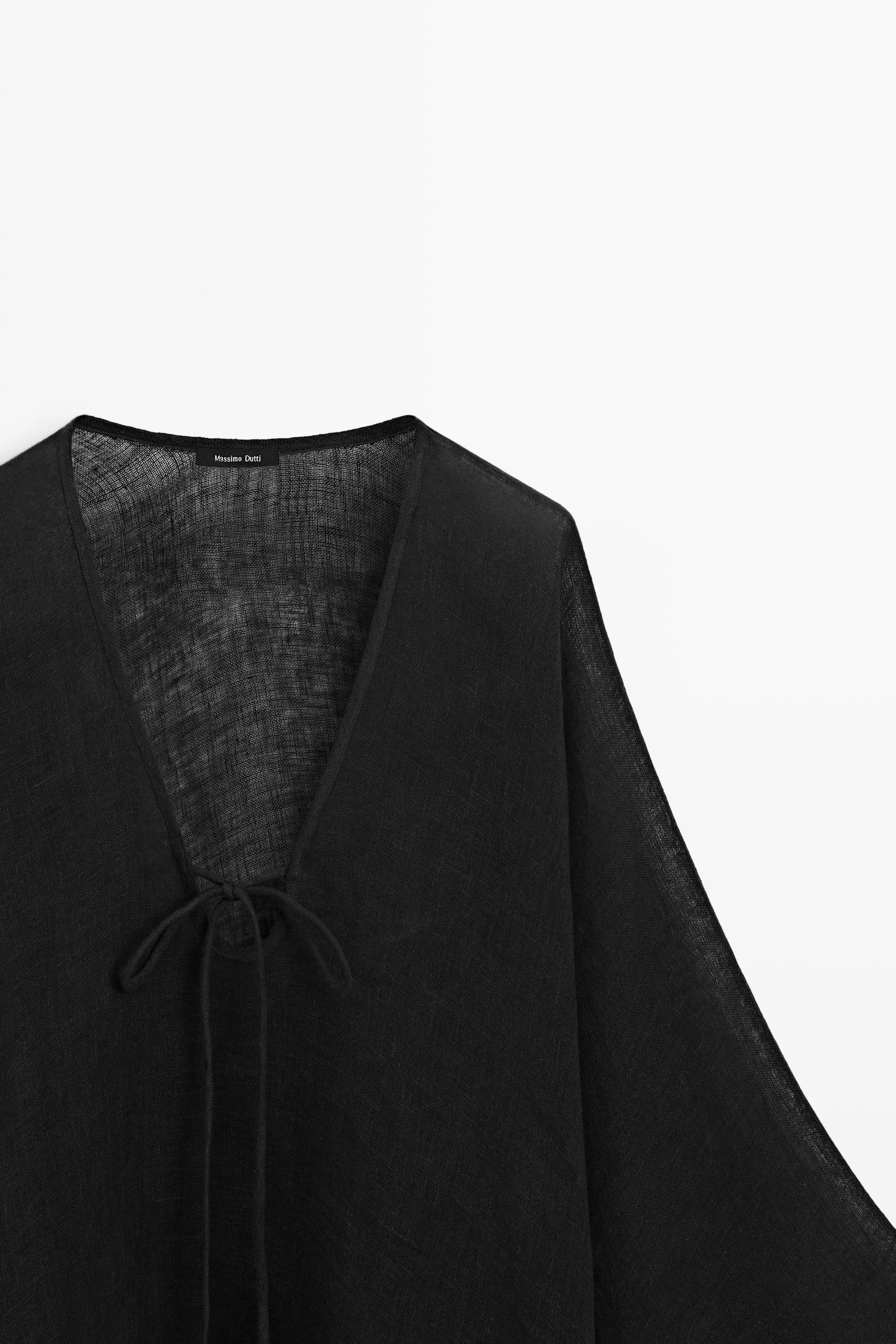 100% linen cape with tie details — BLACK