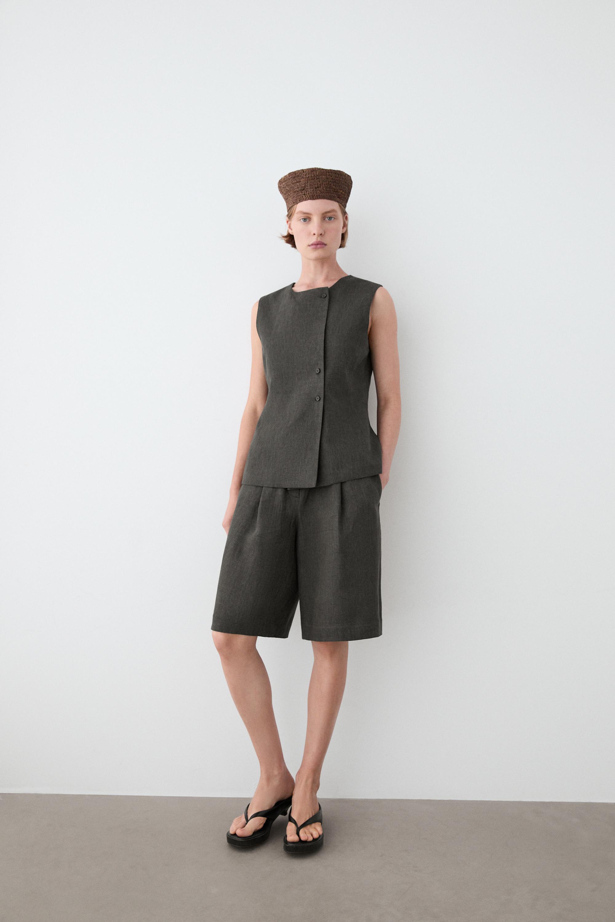 Melange linen double-breasted waistcoat with buttons — BLUISH GREEN