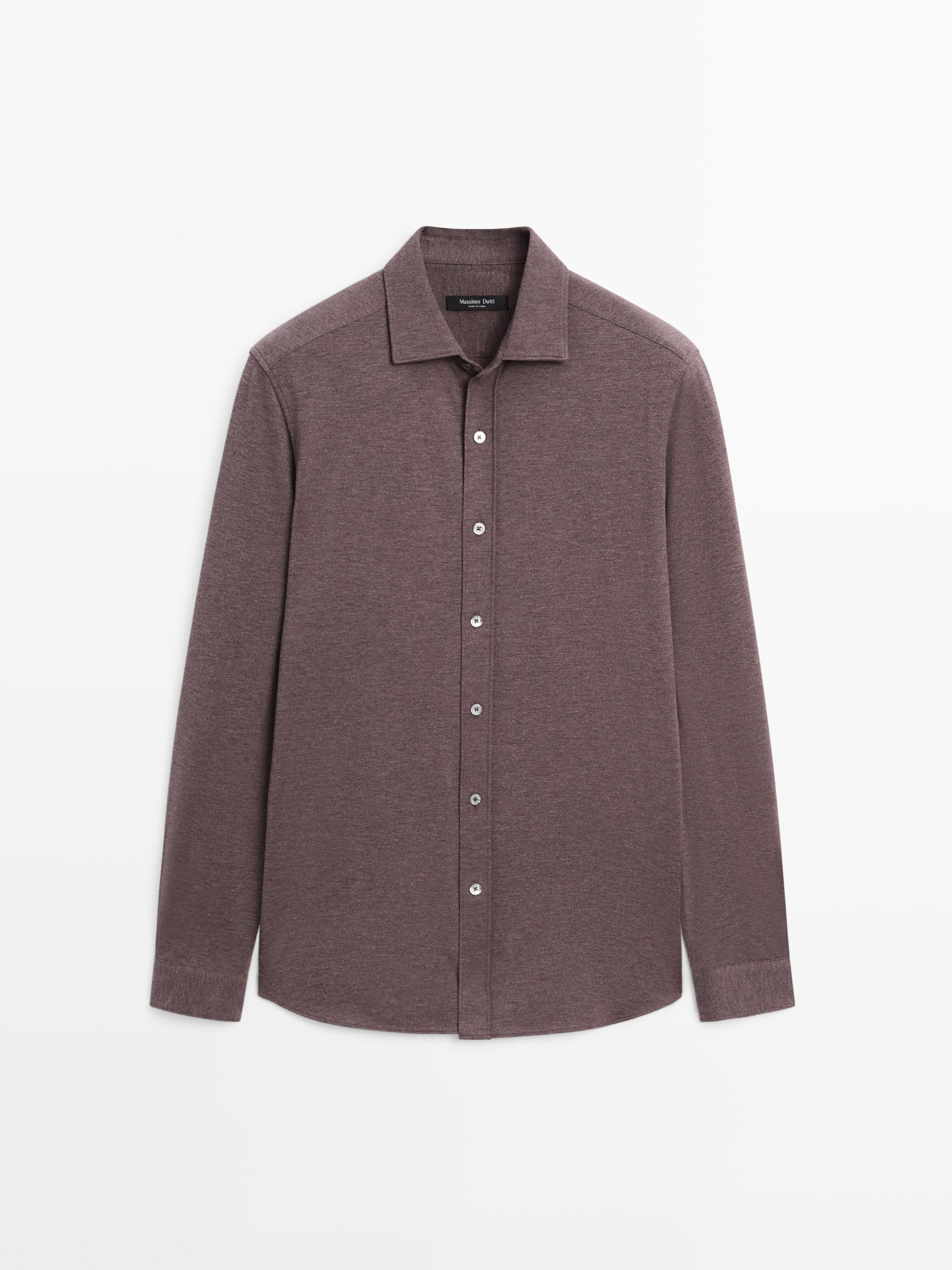 Front view of a long-sleeved brown shirt, regular fit, with a central button placket and classic collar.