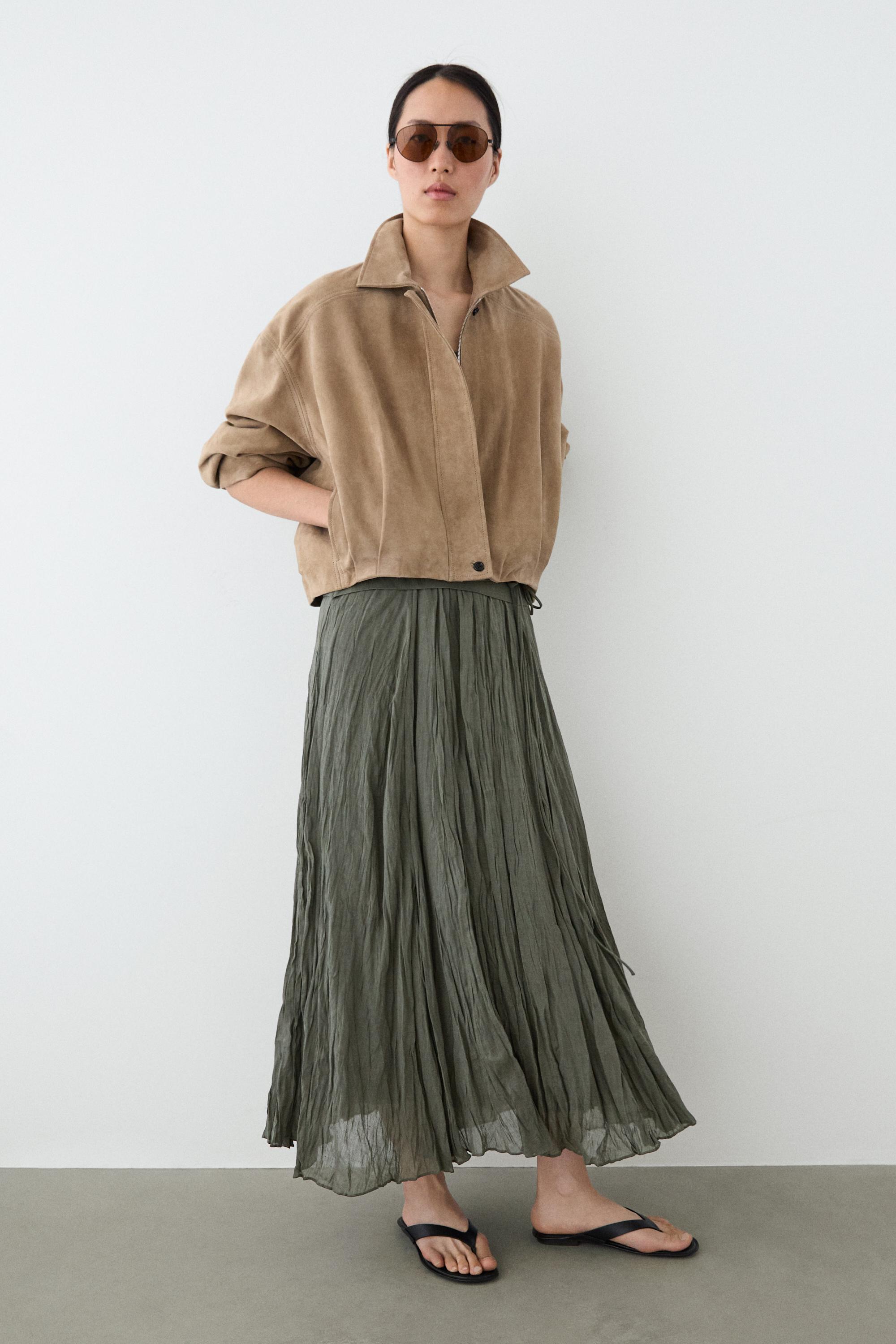 Pleated suede leather bomber jacket — SAND