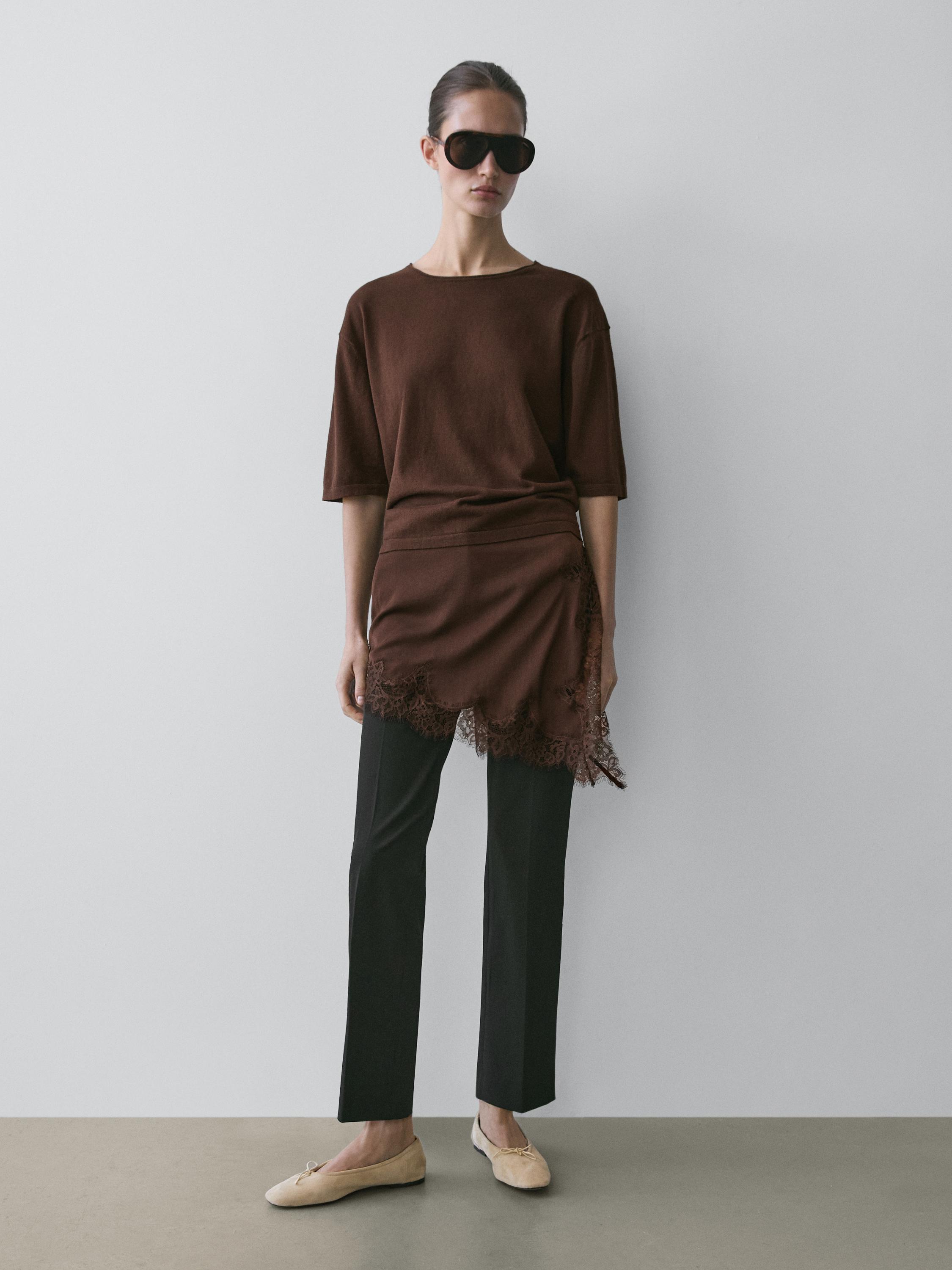 Sweater with contrast lace detail — BROWN