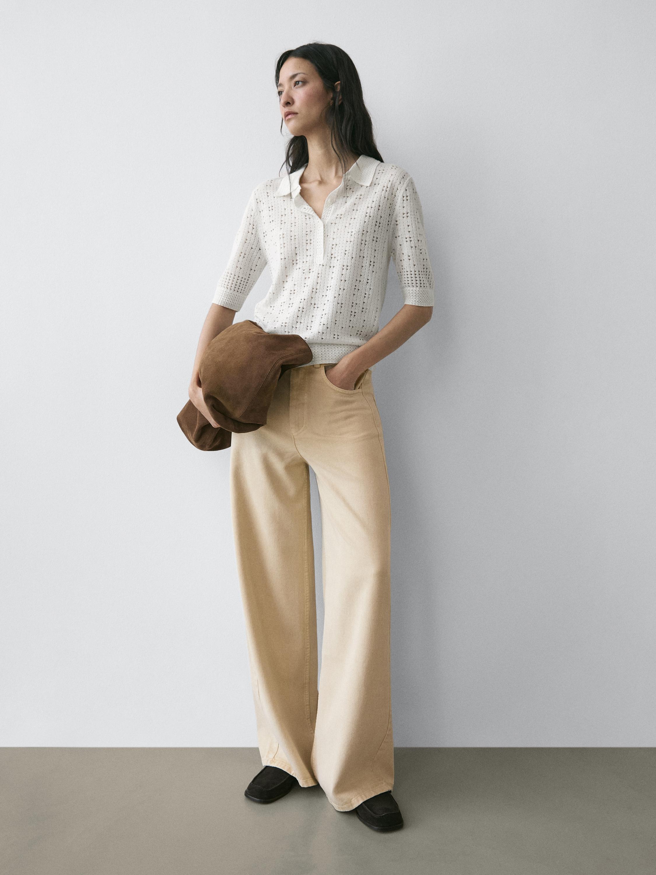 Knit sweater with a polo collar — CREAM