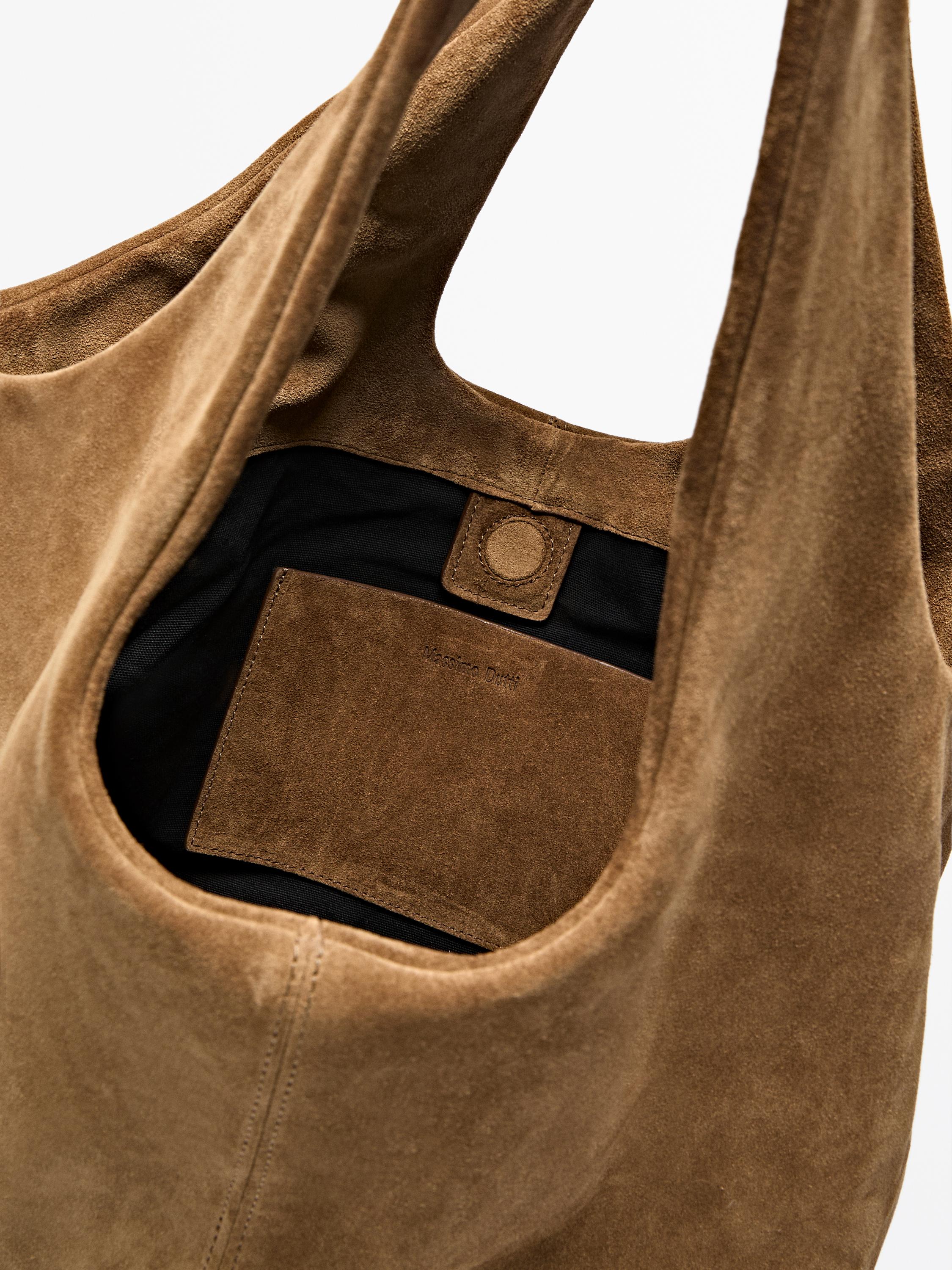 Medium split leather shopper bag — SAND