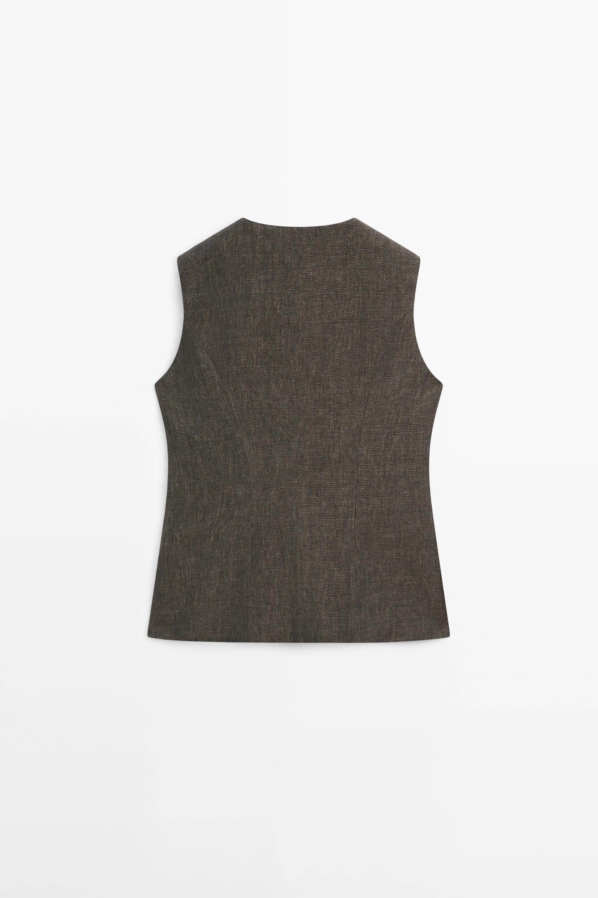 100% linen vest with button detail — Chocolate