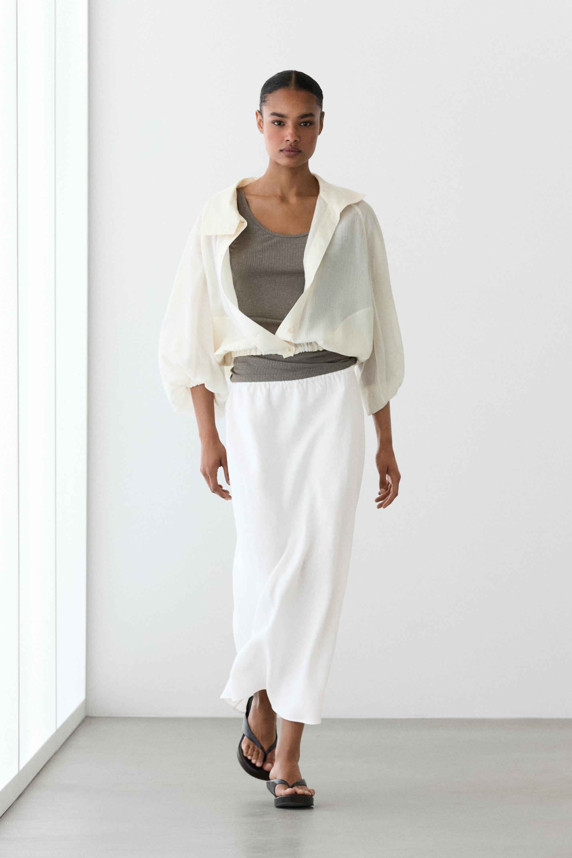 Jupe midi élastique à la taille 100 % lin