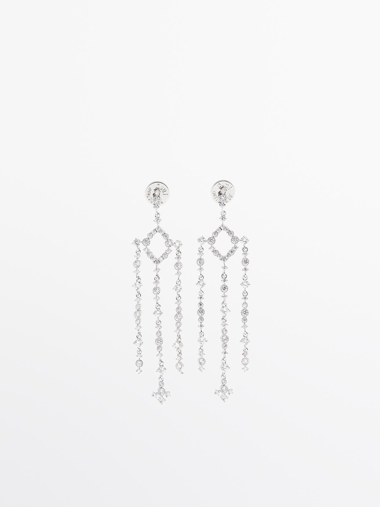 Massimo Dutti - Dames - Stras Kroonluchter Oorbellen - Zilver - 01