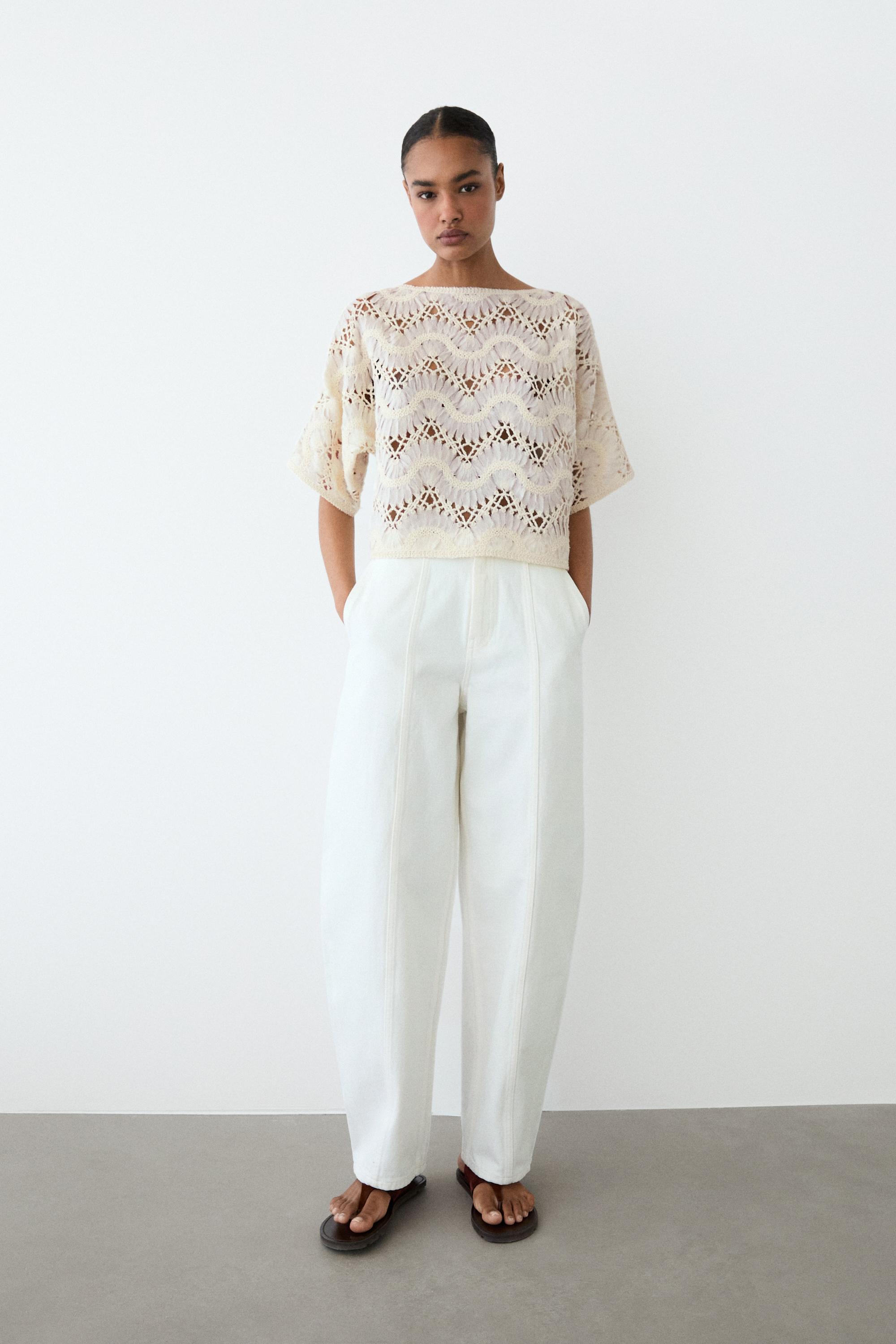 Short sleeve crochet top — CREAM