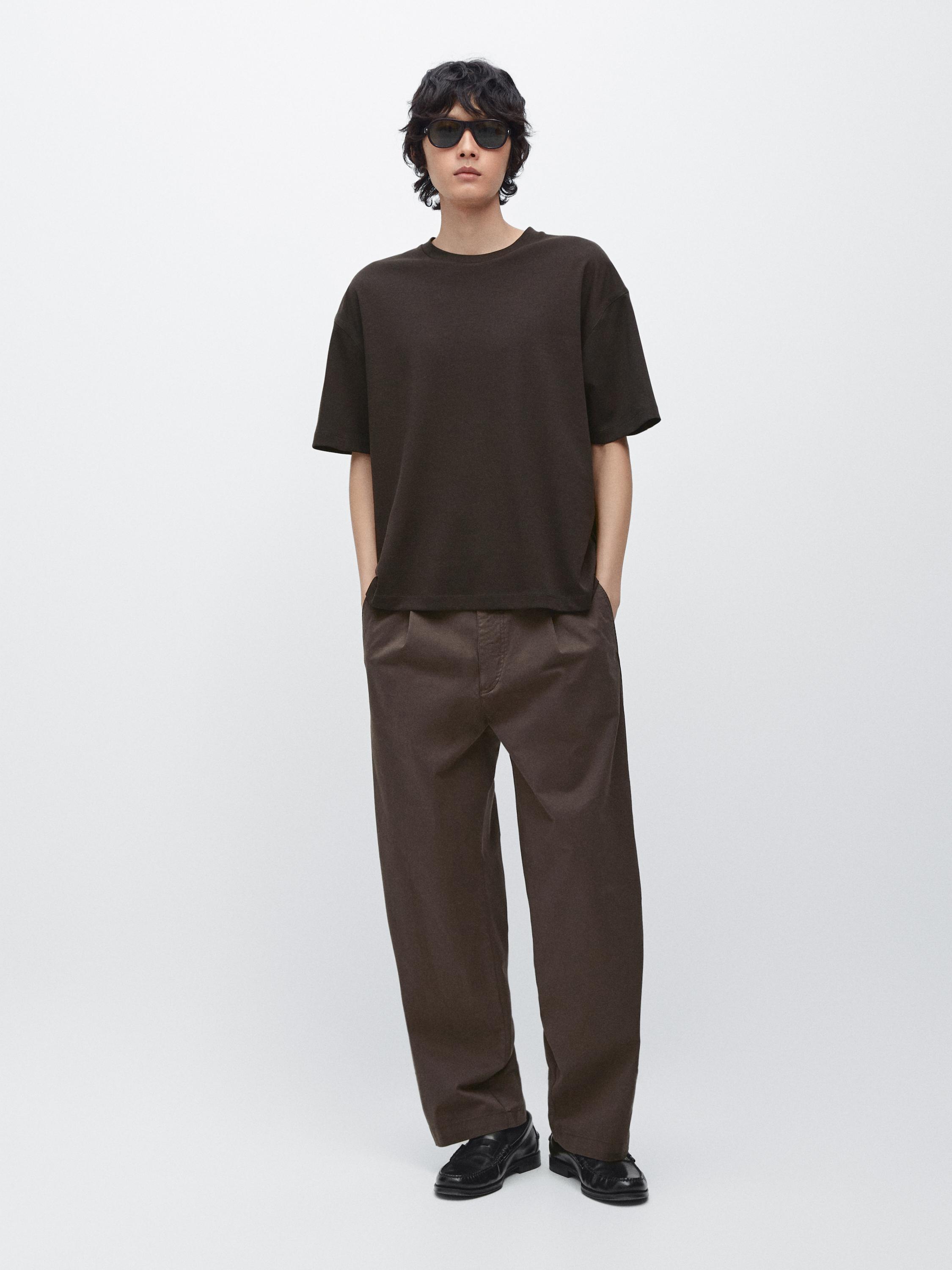 Boxy fit short sleeve cotton blend T-shirt — BROWN