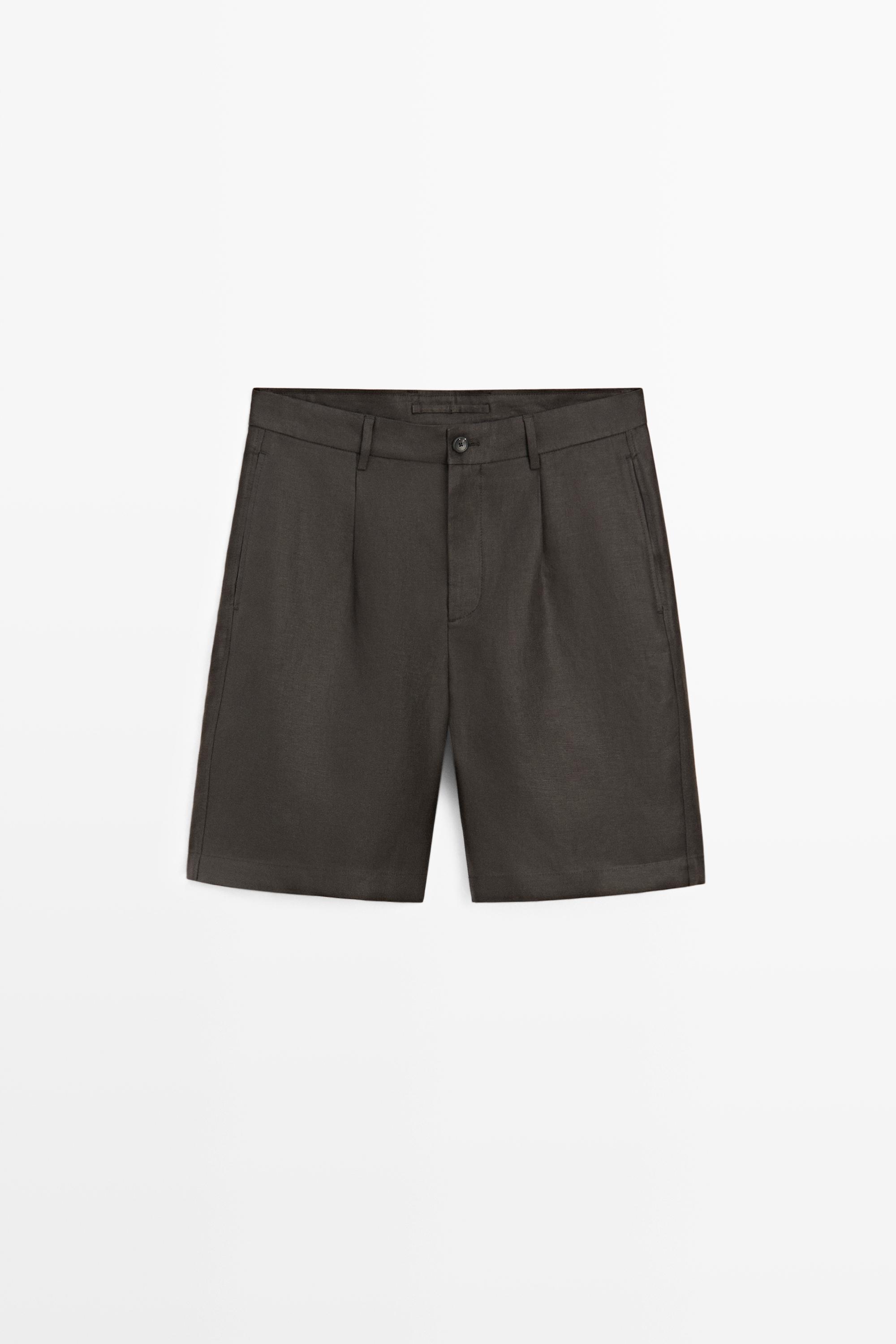 Linen Bermuda shorts with darts — BROWN