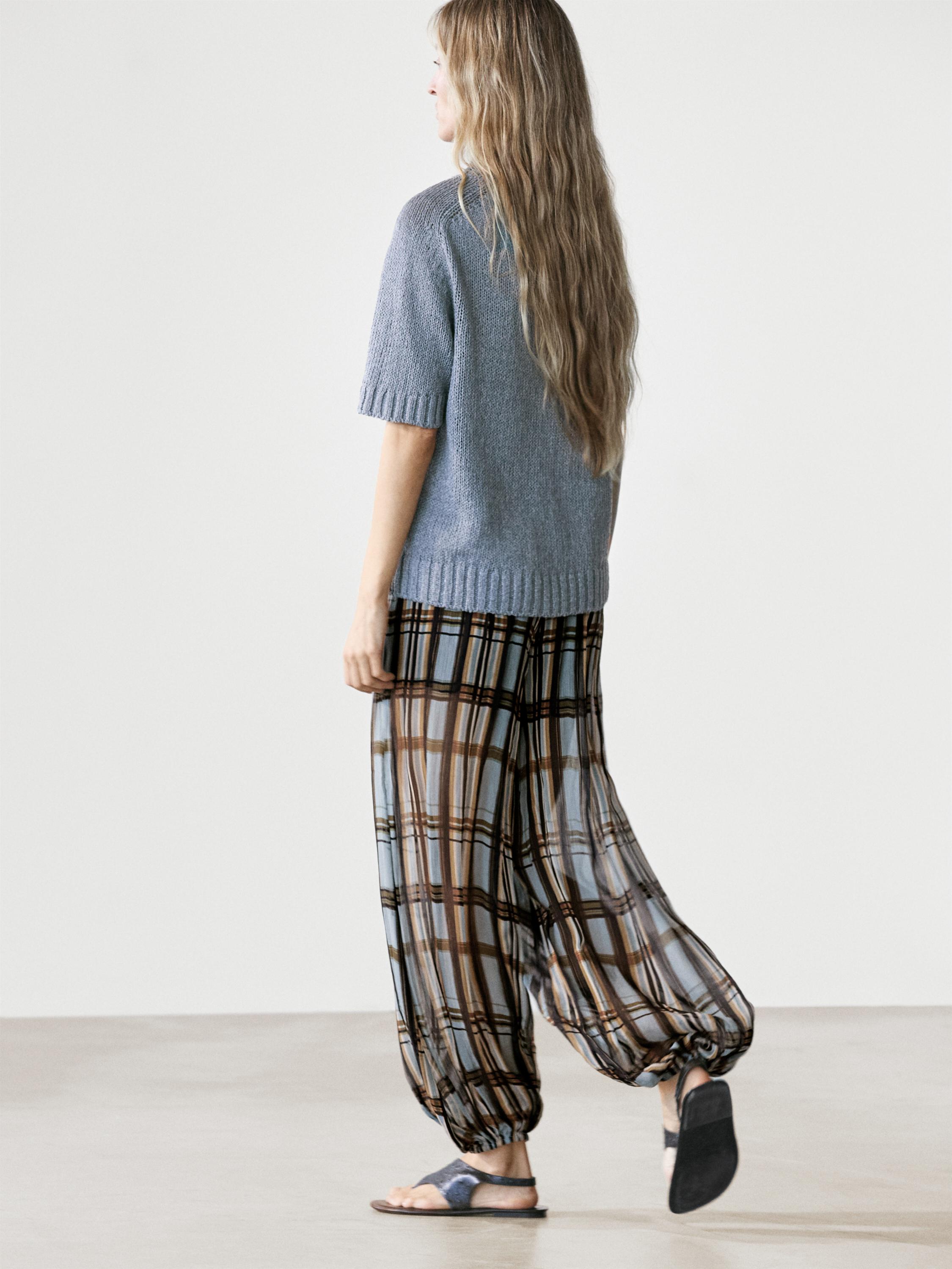 Flowing check printed sarouel trousers — Light Blue