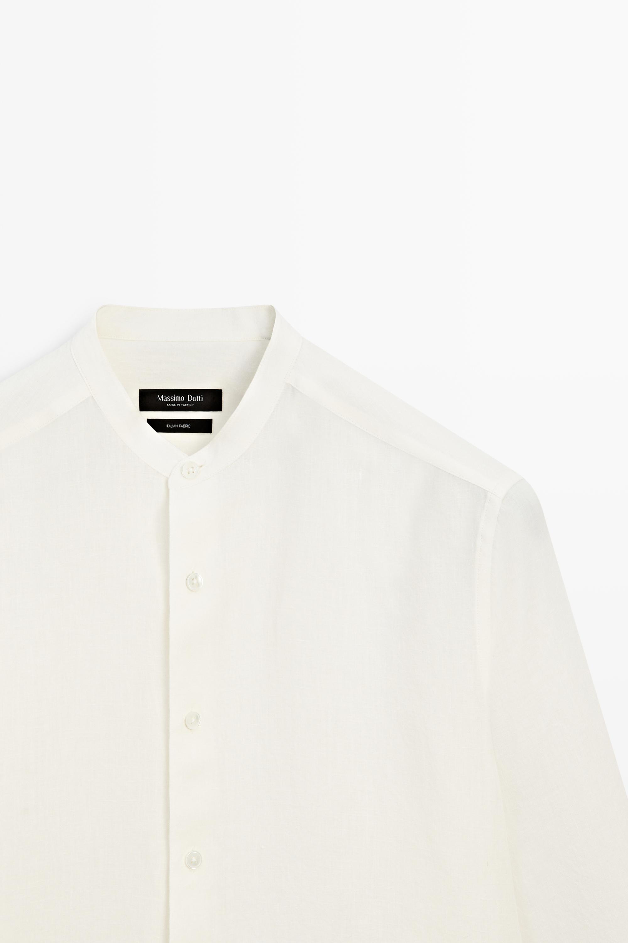 100% linen regular fit shirt with stand collar — CREAM